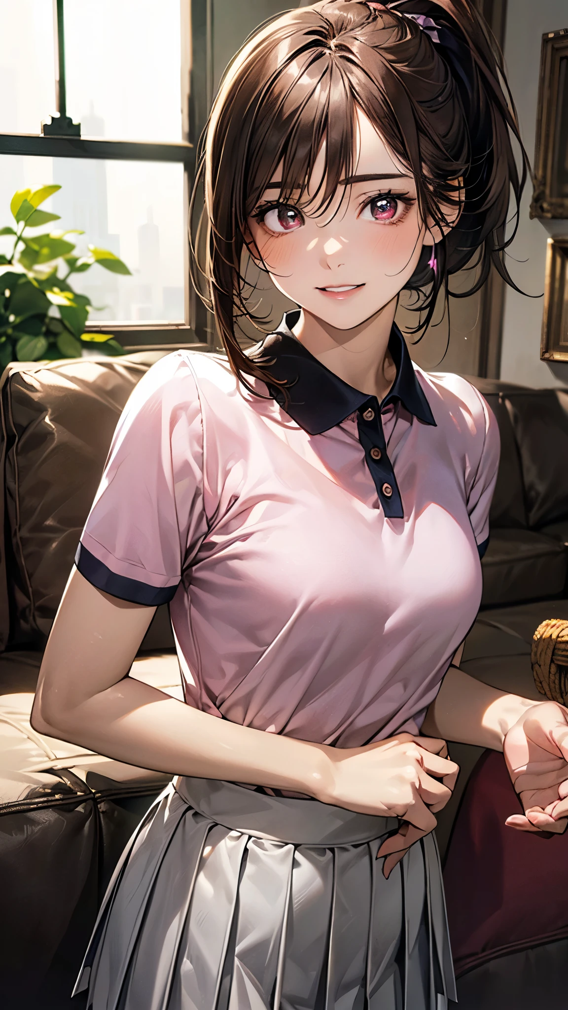 masterpiece, best quality, high quality, 4k, highres, anime, 1girl, 19 years old, purple eyes, colored lips, purple lips, pink eyeliner, makeup, long black hair with hair buns, pink bows on hair, smirk, white blouse, short sleeves, black pantyhose, black panties, on the sofa, sexy