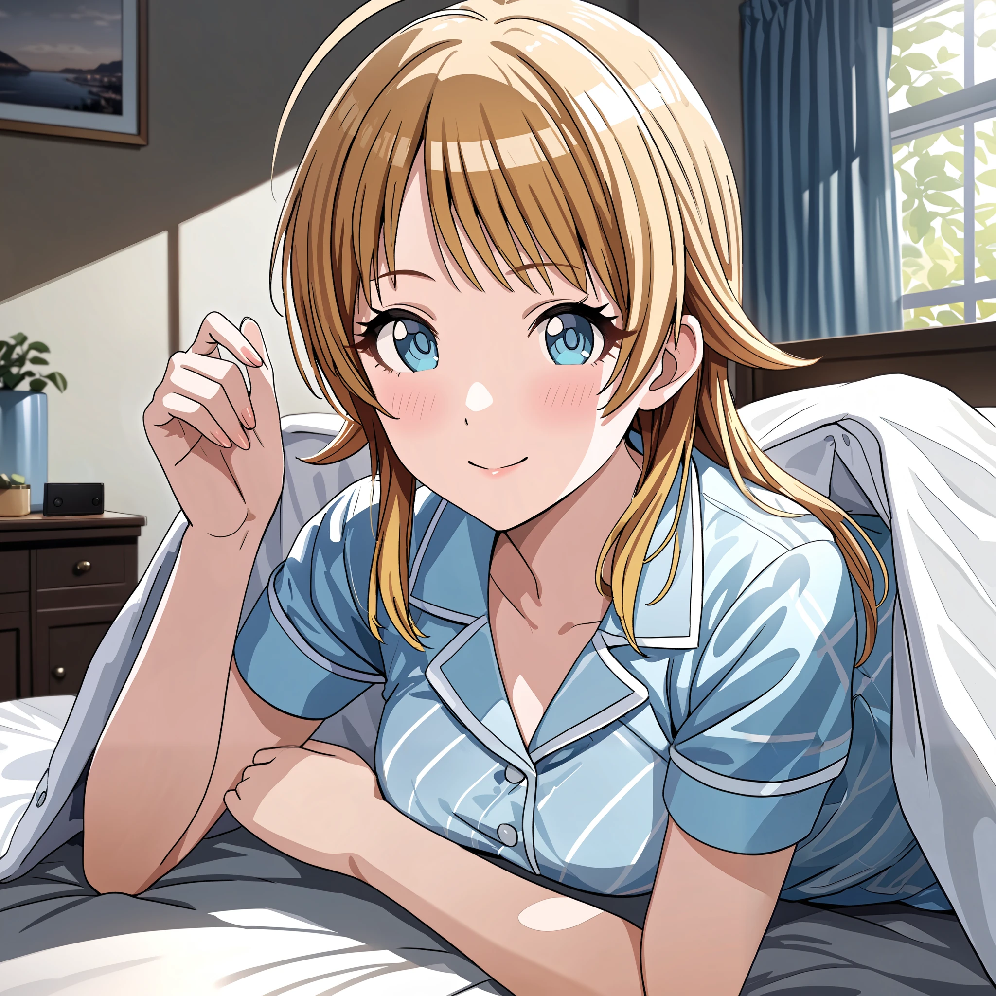 (masterpiece), (Highest quality), (Very detailed), (The best shape), (Best Shadow), (Absurd), (Detailed Background), (so beautiful), Shiny, Beautiful eyes in every detail, Extraordinary, Countershading, 8k, 32K, High resolution, Very Detailed CG,

Hachimiya Meguru, blonde hair, long hair, (blue eyes:1.2),
the idolmaster shiny colors,
anime style,
realistic skin,

blush,
bedroom,
pajamas ,
pov across bed,
bed invitation,  lifting covers,
(pich-Dark Room:1.2),