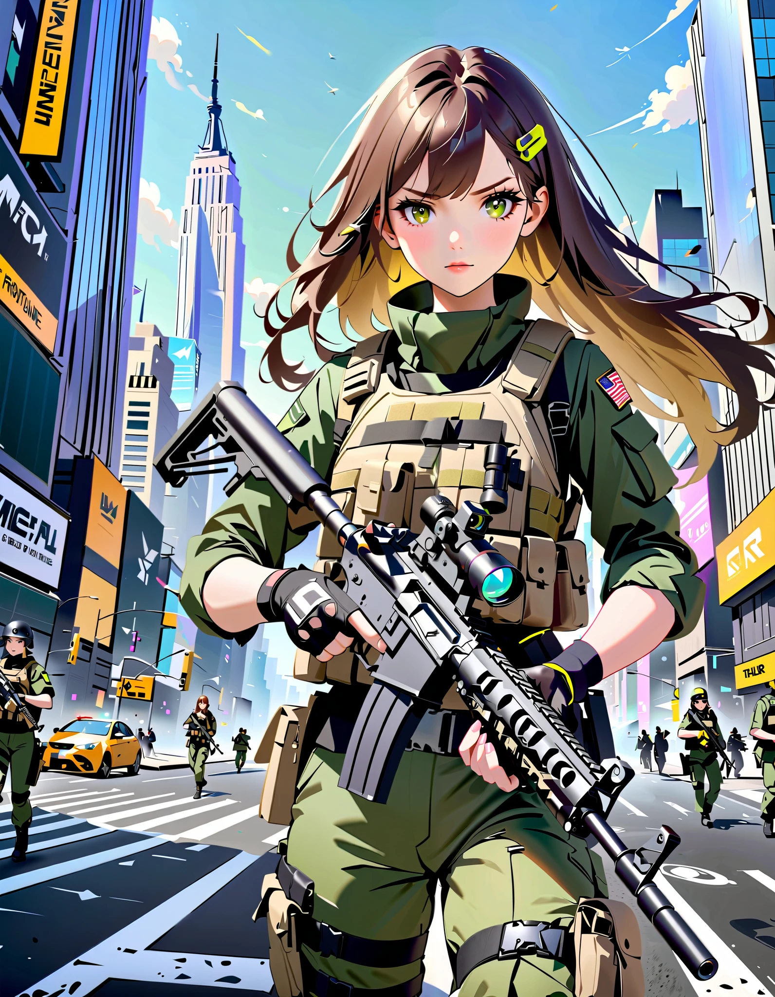 Masterpiece, anime girl with gun in hand and city in background, brown hair, meium hair, long hair, (green and yellow striped dot-shaped hair clip), hazel eyes, New York, with AR-15 rifle, (tactical fingerless gloves:1.2), assault vest, (green uniform pants;1.1), (solo:1.2, solo focus:1.2), daytime, badass anime 8 k, heavily armed, (holding a rifle:1.2, finger on trigger:1.2), girls frontline style, fine details. girls frontline, 4 k manga wallpaper