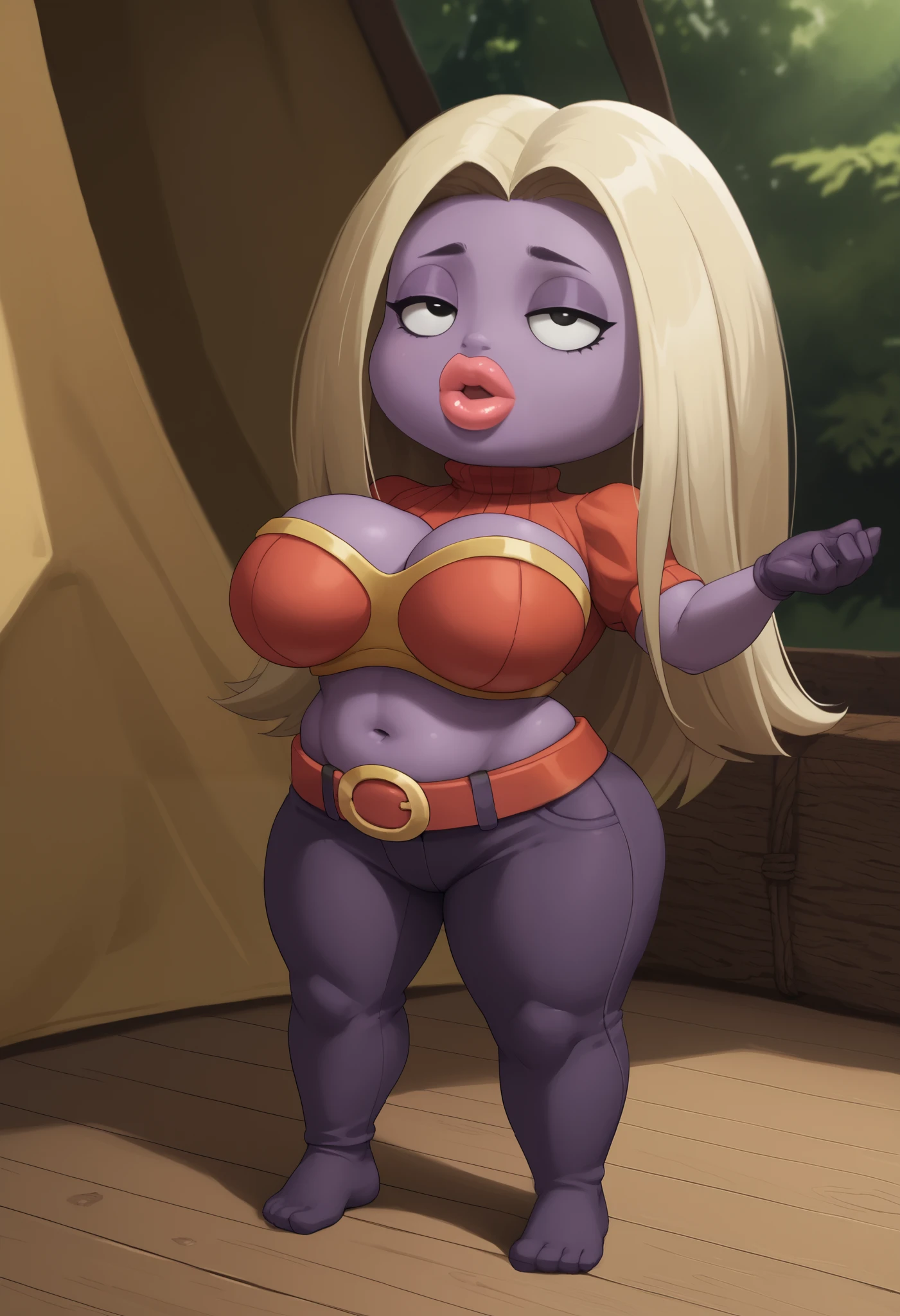 score_9, score_8_up, score_7_up, rating_explicit, 1girl, colored skin, lips, thick lips, pokemon (creature), no humans, long hair, blonde hair, black eyes, (shortstack:1.3), purple skin, puffy shoulders, large breasts, wide hips, bedroom eyes, cleavage,| choker. gloves, navel,midriff, belt, pants, crop top, turtleneck, room, room background, cowboy shot. forest. tent.  face dawn ass up