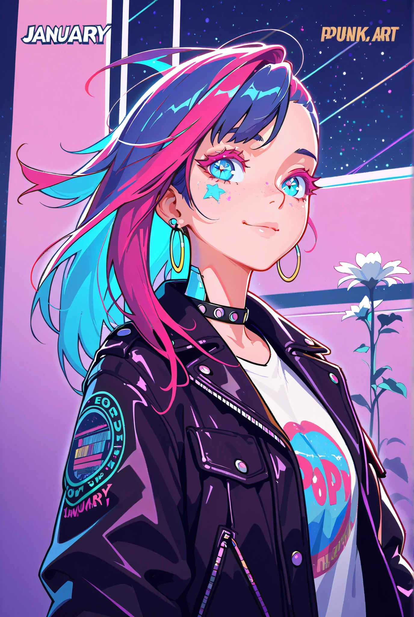 Earrings, Stars, Jacket, January, Japanese Illustration Style, Asymmetrical Hair, Expressive Hair, 1 girl, Cyber Punk, Textured Skin, Colored Inner Hair, Multicolored Hair, Jazzy, Anatomically Correct, Android Girl, High Resolution, Ultra-Wide, Angle, Cut-in, Closed Mouth, Flower-Shaped Pupils, Character Design, Atmosphetic Perspective, Blue eyes, Soft Colors, Solo, Smile, Punk Woman, Slender and flexible body, Solo, Accurate, Action Painting, Cinematic Lighting, Timeless, Naughty, Colored Eyelashes, Hoop Earings, Pop Art, Gradient Eye Color, Mismatched Pupils, Pensive, Masterpiece