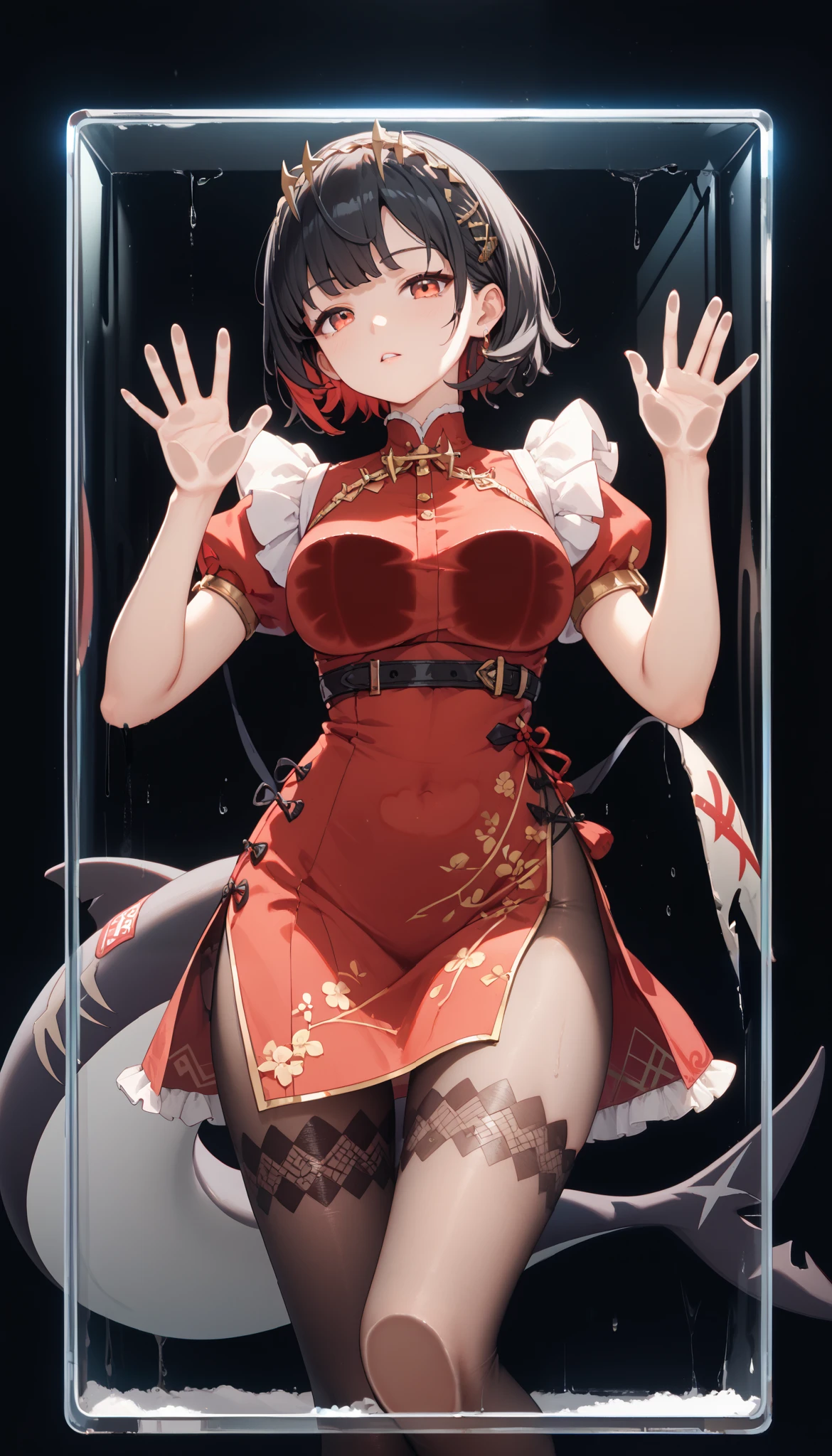 masterpiece， high resolution，Anime Art，Anime Numbers， 4k anime wallpaper，Soft Light， radiant skin， unique ，An anime girl，Crawling on glass，The body is squeezed by glass， black hair， ombre short hair， red cheongsam， black pantyhose ， red eyes， black shark tail， black background