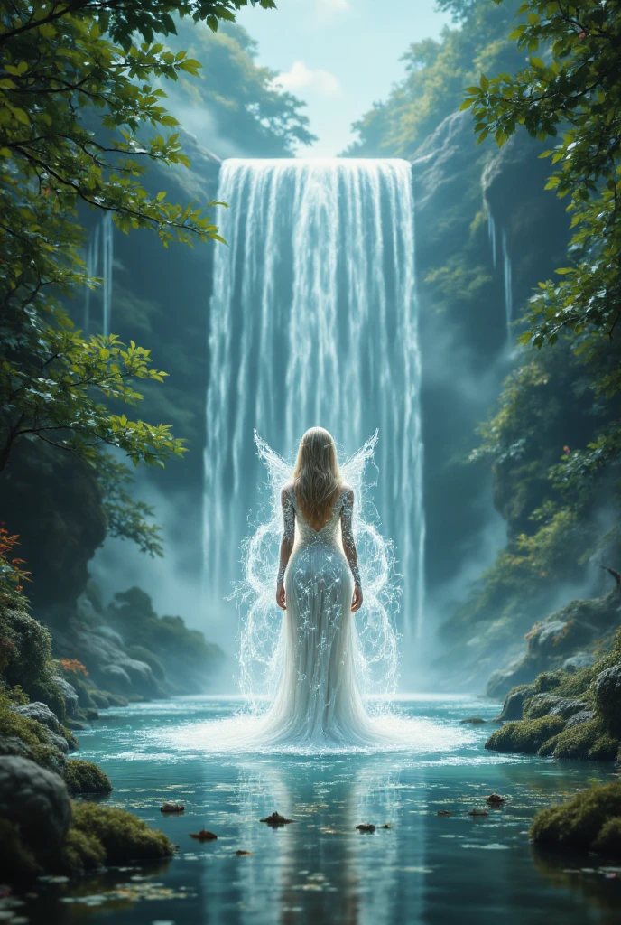 A breathtaking scene of an immense waterfall in a lush, verdant landscape. The waterfall cascades dramatically into a crystal-clear pool surrounded by vibrant green foliage and colorful wildflowers. Emerging from the center of the waterfall is a mystical, translucent figure of a woman with delicate, semi-transparent wings. The figure is adorned with subtle, ethereal decorations that sparkle faintly, blending harmoniously with the mist and sunlight. The overall atmosphere is magical and serene, evoking a sense of wonder and tranquility.