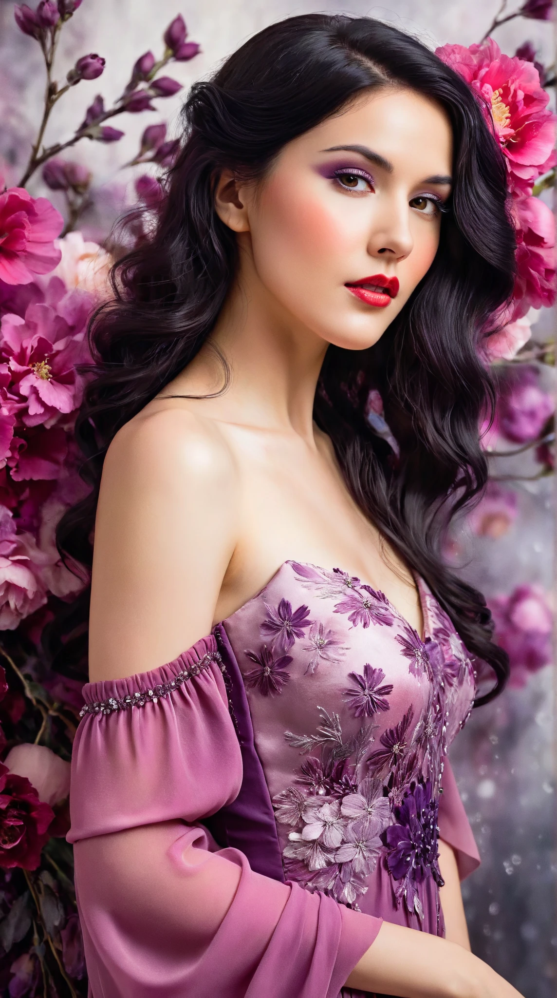 In a whimsical floral backdrop, a graceful European woman from the 1920s stands elegantly. Her delicate features are softly illuminated, framed by gentle waves of dark hair. She wears a flowing pink and purple dress that billows lightly, enhancing her serene presence. Her lips are a striking red, adding a touch of vibrancy to the soft monochrome palette of the scene.

The artwork resembles a black and white ink painting, with fluid brush strokes and delicate line work that evoke a sense of nostalgia. Subtle tones of ink blend seamlessly, while the background bursts with pastel flowers, creating a dreamlike atmosphere. The entire composition radiates tranquility and romance, inviting the viewer into a moment frozen in time.