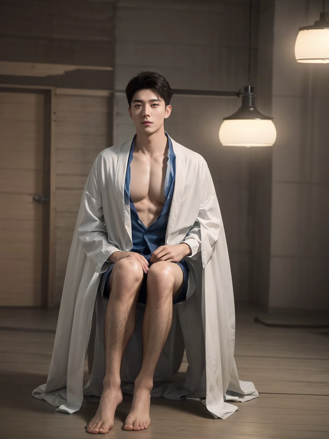 30 years old CHINA 罗晋, very handsome manly looking in open robe, showing bare chest and sheer transparent underwear posing, cityscape background, manly looking, seductive looking, no facial hair, obvious groin outline, Ultrarealistic portrait photograph show full body triangulation from head to toe, muscular body, sweaty, looking into viewer, wide field of view long shot full-length, smaller head, cinematic, blur effect, long exposure, 8k, Ultra-HD, Natural lighting, Moody bright lighting, Cinematic lighting, Hyper-Realistic, Vibrant, 8k, Detailed, ultra detail, shiny hair, gentleman hair, short hair, creating a dynamic and visually appealing pose, Photorealistic, Cinematic lighting, light atmosphere, Volumetric lighting, Epic scene, lots of fine detail, movie style, Photography, natural textures, Natural light, natural blur,  photorealism , cinematic rendering, Ray tracing, Highest quality, highest detail, Raw photo, Full body, head to toe image, sharp focus, intricate details, highly detailed, cinematic lighting, hyper detail, realistic, 8k, dslr, high quality, vivid detail, show mid, show leg, show feet