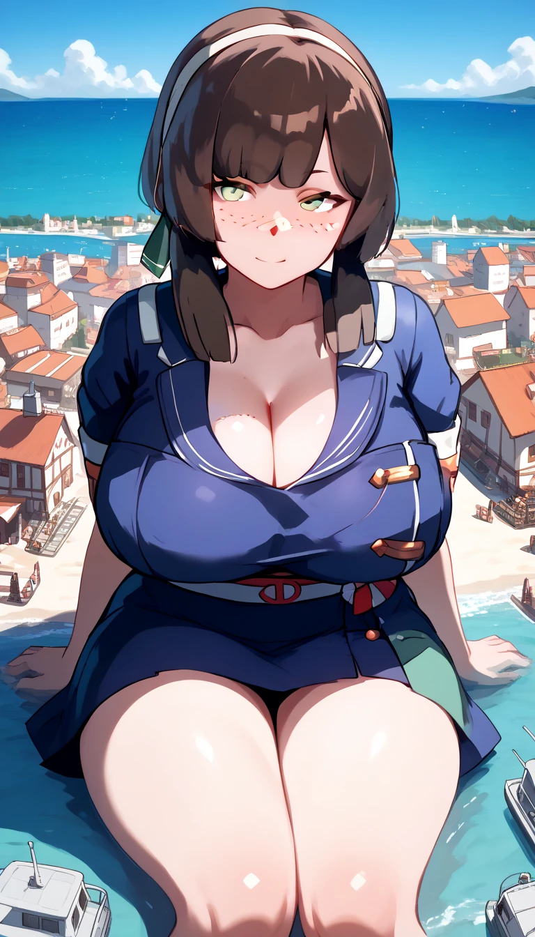 mogador_ kancolle ,,dark brown hair color,giantess,Sitting in the harbor,(gigantic breasts),,Port town,Freckles,Light green eyes