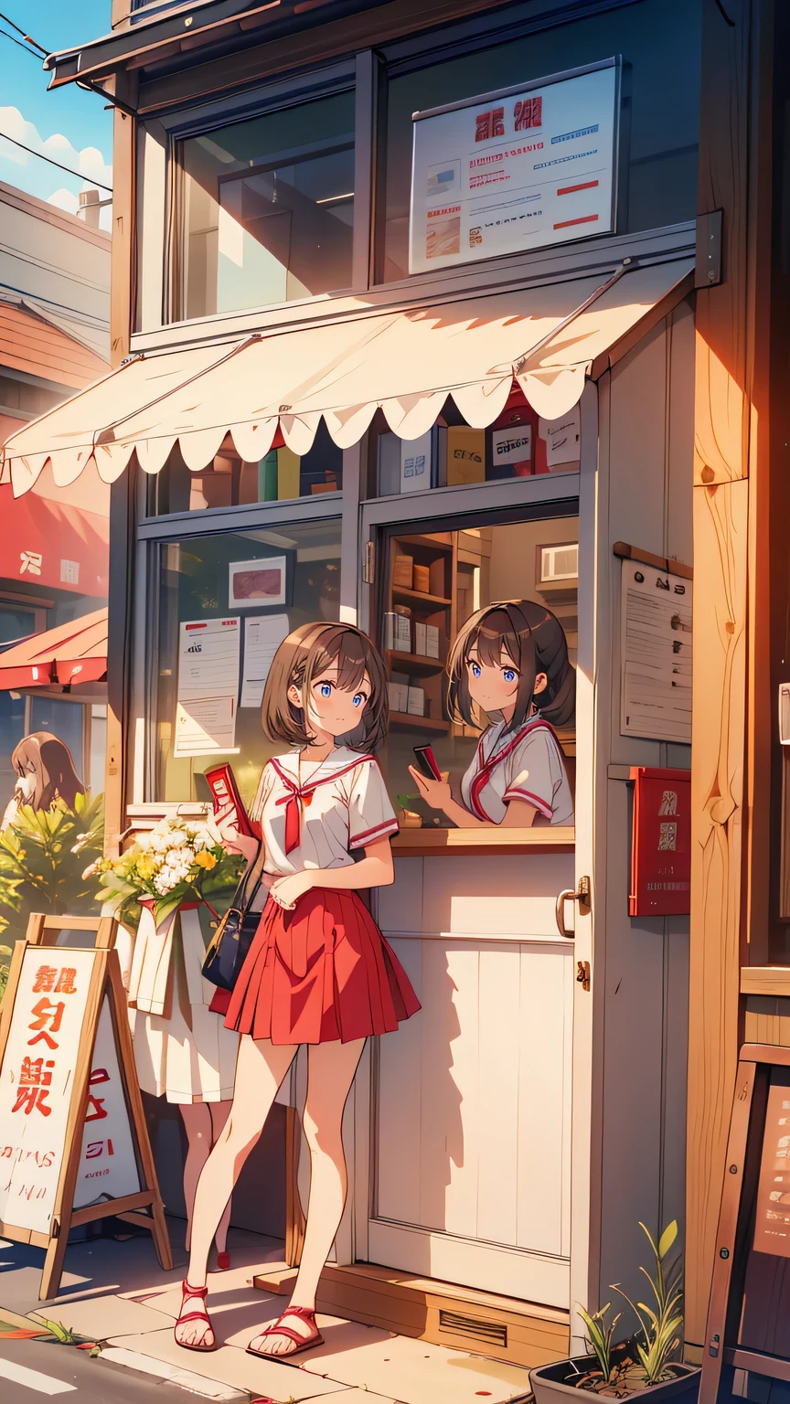 “Four high school girls stand together in line outside a small, bustling ramen shop on a sunny weekend afternoon. Each girl’s posture reflects her personality—one is scrolling through her phone, another leans on her friend’s shoulder, while another chats animatedly. The last girl, with a book in hand, quietly observes the passing pedestrians. The shop’s wooden exterior, with a red noren swaying gently in the breeze, sets the stage for their much-anticipated meal.”