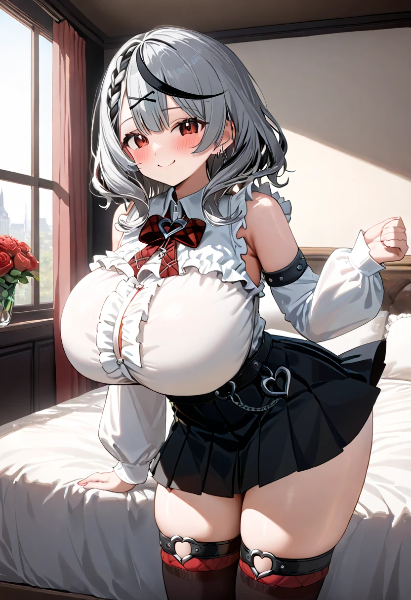 ( top quality  , 8k , masterpiece ),  girl  , young , 1 person , sakamata chloe ,  hololive  , Silver Hair , Big Breasts , smile ,  like heaven ,  red cheeks  , A rich variety of skin tones  , ( white ruffle long sleeve blouse ,  sleeveless,  Black Pleated Skirt , thigh high socks :1.2) , ( huge breasts:1.2)