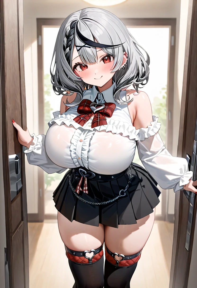 ( top quality  , 8k , masterpiece ),  girl  , young , 1 person , sakamata chloe ,  hololive  , Silver Hair , Big Breasts , smile ,  like heaven ,  red cheeks  , A rich variety of skin tones  , ( white ruffle long sleeve blouse ,  sleeveless,  Black Pleated Skirt , thigh high socks :1.2) , ( huge breasts:1.2)