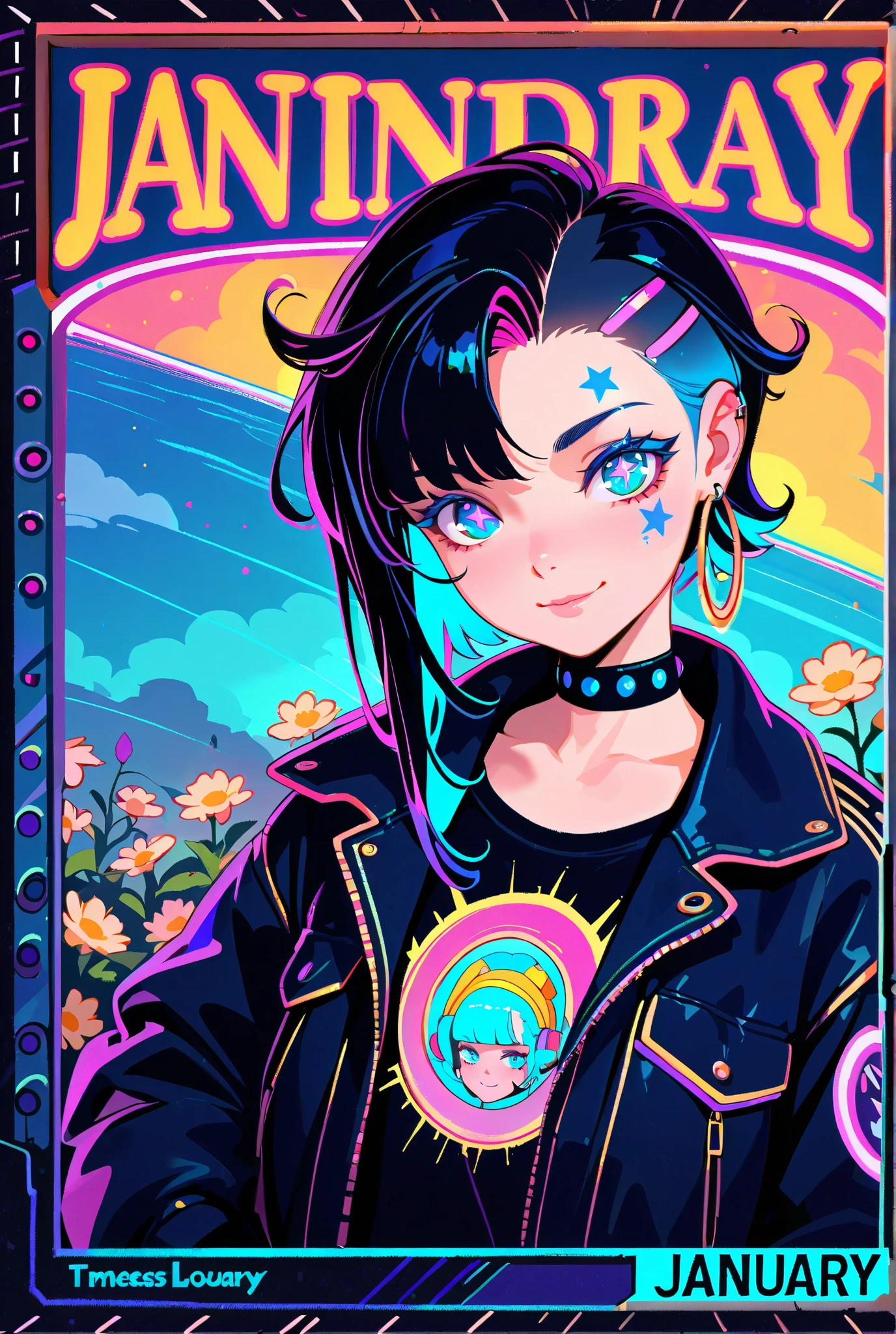 Earrings, Stars, Jacket, January, Japanese Illustration Style, Asymmetrical Hair, Expressive Hair, 1 girl, Cyber Punk, Textured Skin, Colored Inner Hair, Multicolored Hair, Jazzy, Anatomically Correct, Android Girl, High Resolution, Ultra-Wide, Angle, Cut-in, Closed Mouth, Flower-Shaped Pupils, Character Design, Atmosphetic Perspective, Blue eyes, Soft Colors, Solo, Smile, Punk Woman, Slender and flexible body, Solo, Accurate, Action Painting, Cinematic Lighting, Timeless, Naughty, Colored Eyelashes, Hoop Earings, Pop Art, Gradient Eye Color, Mismatched Pupils, Pensive, Masterpiece