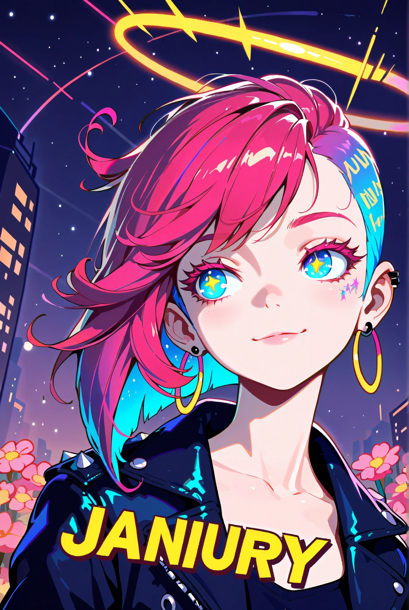 Earrings, Stars, Jacket, January, Japanese Illustration Style, Asymmetrical Hair, Expressive Hair, 1 girl, Cyber Punk, Textured Skin, Colored Inner Hair, Multicolored Hair, Jazzy, Anatomically Correct, Android Girl, High Resolution, Ultra-Wide, Angle, Cut-in, Closed Mouth, Flower-Shaped Pupils, Character Design, Atmosphetic Perspective, Blue eyes, Soft Colors, Solo, Smile, Punk Woman, Slender and flexible body, Solo, Accurate, Action Painting, Cinematic Lighting, Timeless, Naughty, Colored Eyelashes, Hoop Earings, Pop Art, Gradient Eye Color, Mismatched Pupils, Pensive, Masterpiece