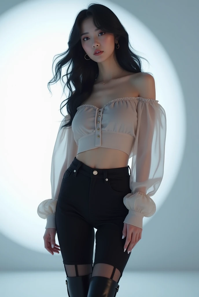 E-commerce female model photography, white background, model height 1.68, wearing a Korean style sweater on the upper body, short skirt on the lower body, a diamond chain bag on the shoulder, ultra-realistic details, commercial photography, dynamic pose, 3D C4D, 8k