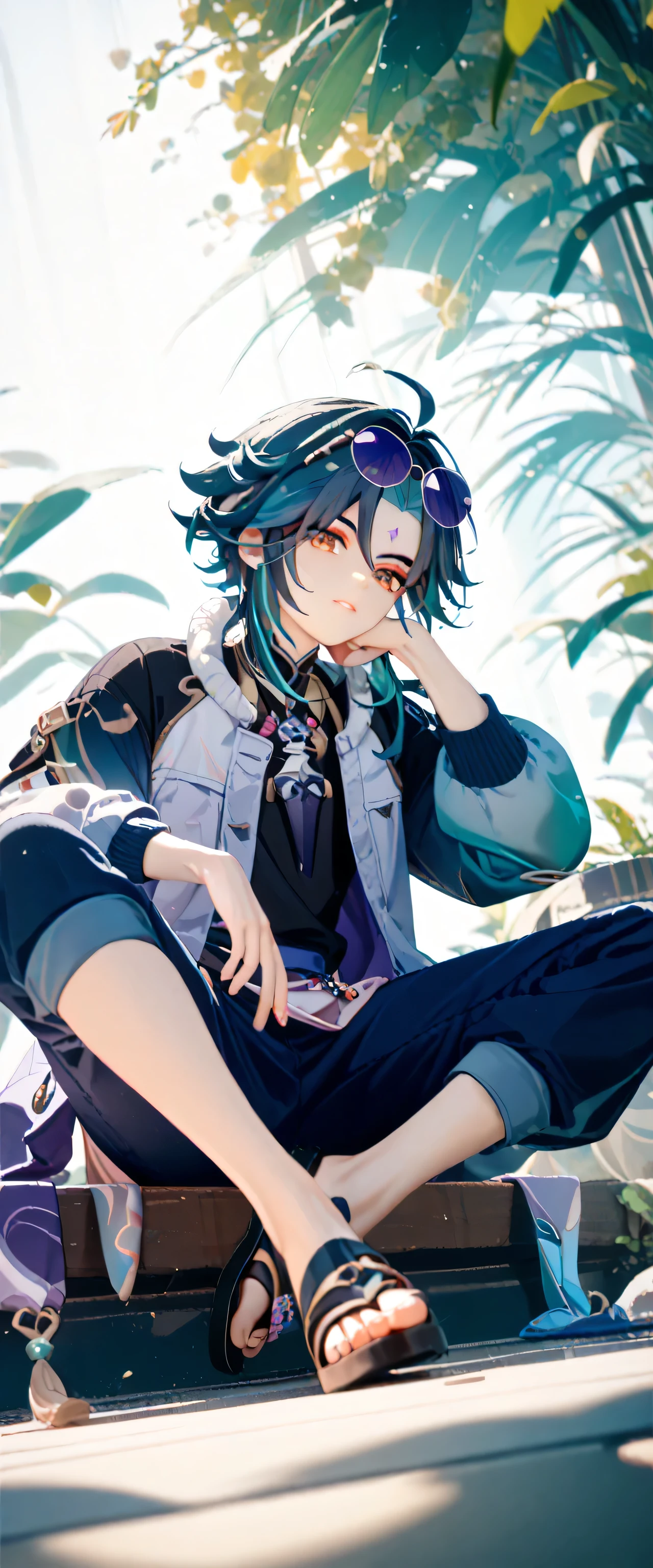 Best quality,  top quality, Xiao, genshin, eyewear on head, round eyewear, purple sunglasses, oversized fleece jacket, black shirt, from below, on one knee, sit on the step, ((Indian style,one leg only:1.2)), hand on own knee,  sandals 