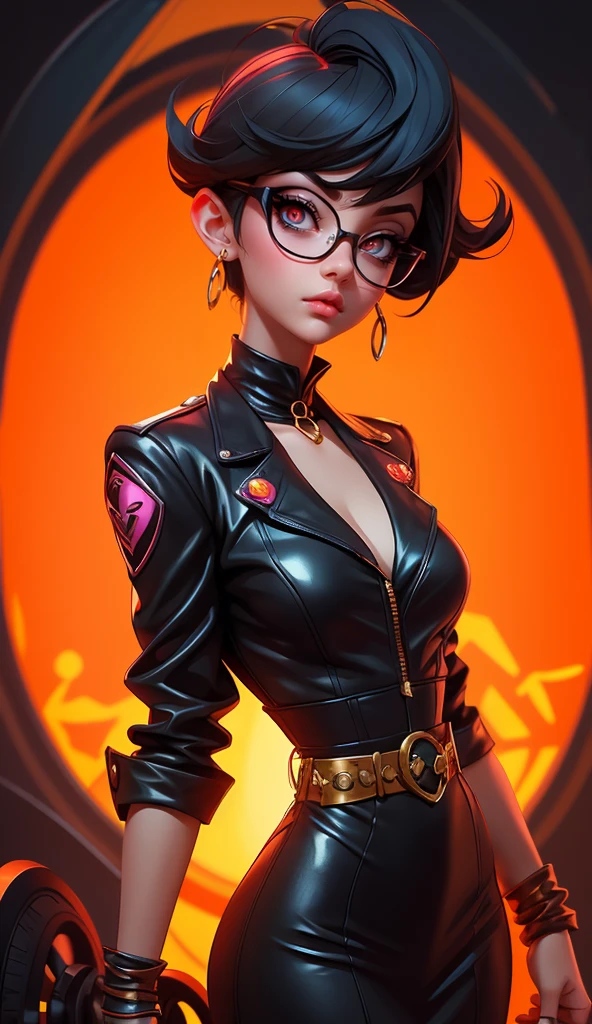 Wide angle shot, Beautiful female street fighter, wearing large glasses, black hair cut, Wear large steel gloves.