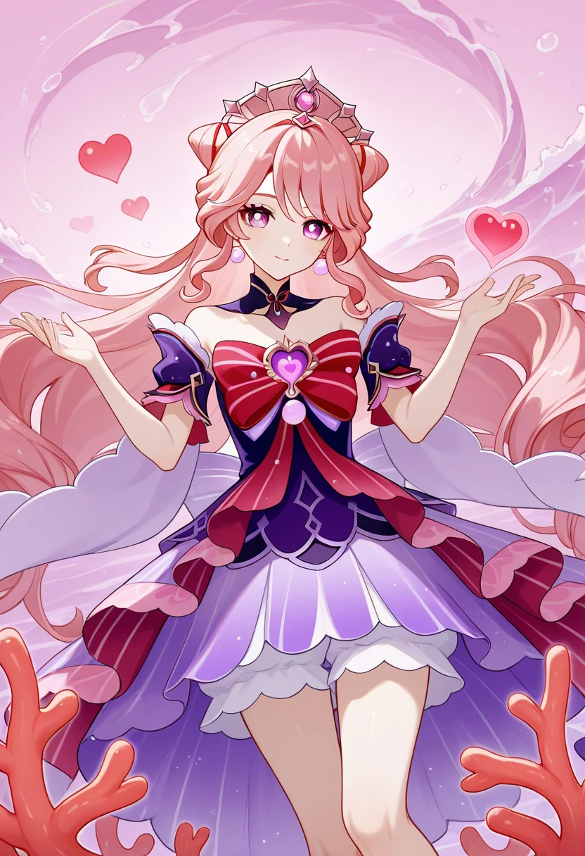 An adult woman with pink eyes, long bright pink hair with fox ears. Wears an elegant dress. She must be wearing a pink leggings. she comes from wonderland