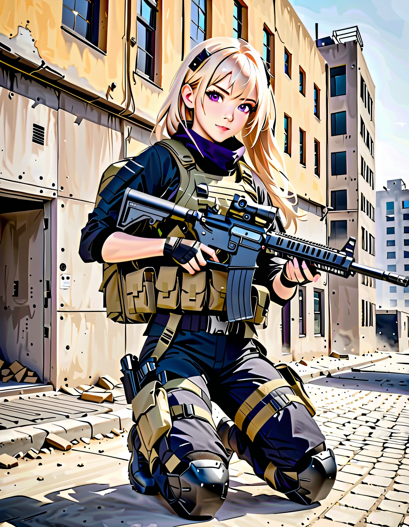 blond woman in military uniform holding a machine gun in front of a building, purple eyes, military girl, airsoft cqb, ry girl, soldier girl, photograph of a techwear woman, wearing tactical gear, with rifle, beautiful female soldier, military photography, mechanized soldier girl, dressed in tactical armor, carrying a rifle, ready for combat, m4 sopmod ii girls frontline, leaning on wall, kneeling pose.