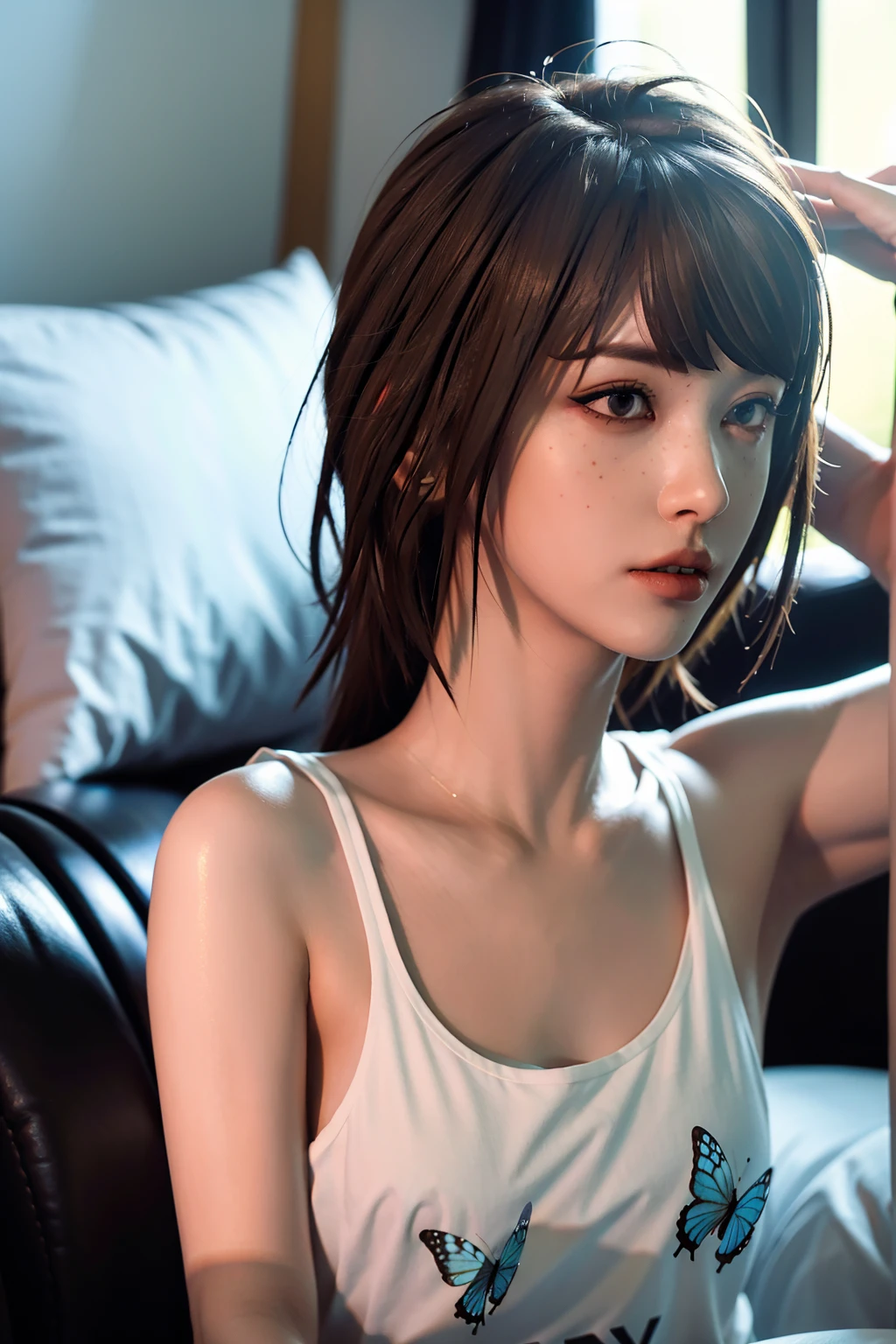 Maxine Caulfield from Life Is Strange, wearing shades eyewear, arms up, bare, adult content, dark lipstick, dark eyeline makeup, slender arms, detailed body, from below, minimum, harmony, tranquility, aesthetic, natural lighting, blue sky, 1 Girl , 19-years-old, slender, floating Medium Hair, bangs, (Gothic_Punk:1.2), masterpiece, best quality, RAW Photos, sigma 50mm f1.4, candytt, NSFW, hot, attractive, beautiful, aesthetic, consistent, hot, pretty, gangster, urban, delicate face, y2k, orgasm, estrogen, bling, flattering, intimidating, foward rendering, raycasting, raytracing, RTX, Nvidia CUDA, blue butterflies swarming around her, sparkles fx around the subject, chromatic aberration, retinal accuracy, sRGB color gamut, depth of field, highly favored, red carpet, amazing quality, superior detail and fidelity, high fidelity, maximum resolution, blooming, fabulous, optimal and optimized memory, tight fit, freckly, staring at viewer, professional effort shot, shot in 4k, modern simplistic home, bloom, perfect contrast, perfection, light and shadow balance, photoshopped, enhanced output, sharpness filter, upscaled, clean lens, light rays, symbolism, deep meaning, golden, chest pressed against a white soft pillow, hypersexualized woman, cute, cutie, young, youthful, healthy, lazy, tired, rescaled, high definition camera, clear lens, color perfect, true colors, true motion, true fidelity, true quality, superb quality and details, accurate quality, accurate to reality, realism, realistic, semi-realistic, accurate to the human eye