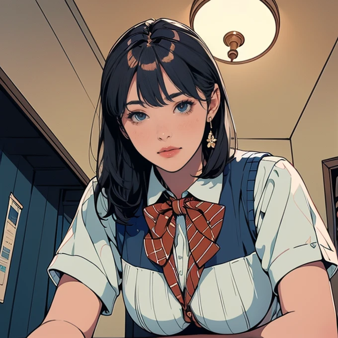 (masterpiece:1.2, Highest quality), (Realistic, photoRealistic:1.4), Beautiful illustrations, (Natural Side Lighting, Cinema Lighting), Written boundary depth, Looking at the audience, (Face Focus, Upper Body), Front view, 1 Girl, Japanese, high school girl, , Perfect Face, Symmetrical cute face, Shiny skin, (Bob Hair:1.7,Black Hair), Asymmetrical bangs, Big eyes, Droopy eyes, long eyelashes chest), thin, Beautiful Hair, Beautiful Face, Beautiful and beautiful eyes, Beautiful clavicle, Beautiful body, Beautiful breasts, Beautiful thighs, Beautiful feet, Beautiful fingers, ((High quality fabric, brown knit vest, Short sleeve white collar shirt, Navy Pleated Skirt, Navy bow tie)), (Beautiful views), evening, (Inside the flower shop), Are standing, (smile, Excellent, Open your mouth), (From below:1.5),(Poor horizon:1.5)