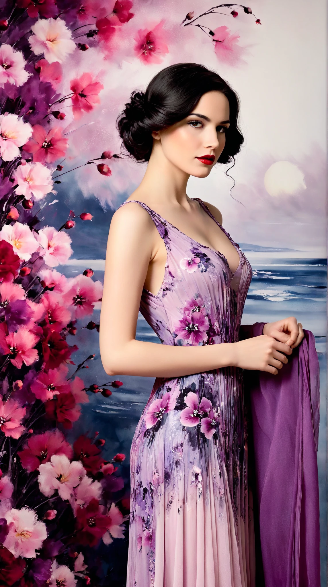 In a whimsical floral backdrop, a graceful European woman from the 1920s stands elegantly. Her delicate features are softly illuminated, framed by gentle waves of dark hair. She wears a flowing pink and purple dress that billows lightly, enhancing her serene presence. Her lips are a striking red, adding a touch of vibrancy to the soft monochrome palette of the scene.

The artwork resembles a black and white ink painting, with fluid brush strokes and delicate line work that evoke a sense of nostalgia. Subtle tones of ink blend seamlessly, while the background bursts with pastel flowers, creating a dreamlike atmosphere. The entire composition radiates tranquility and romance, inviting the viewer into a moment frozen in time.