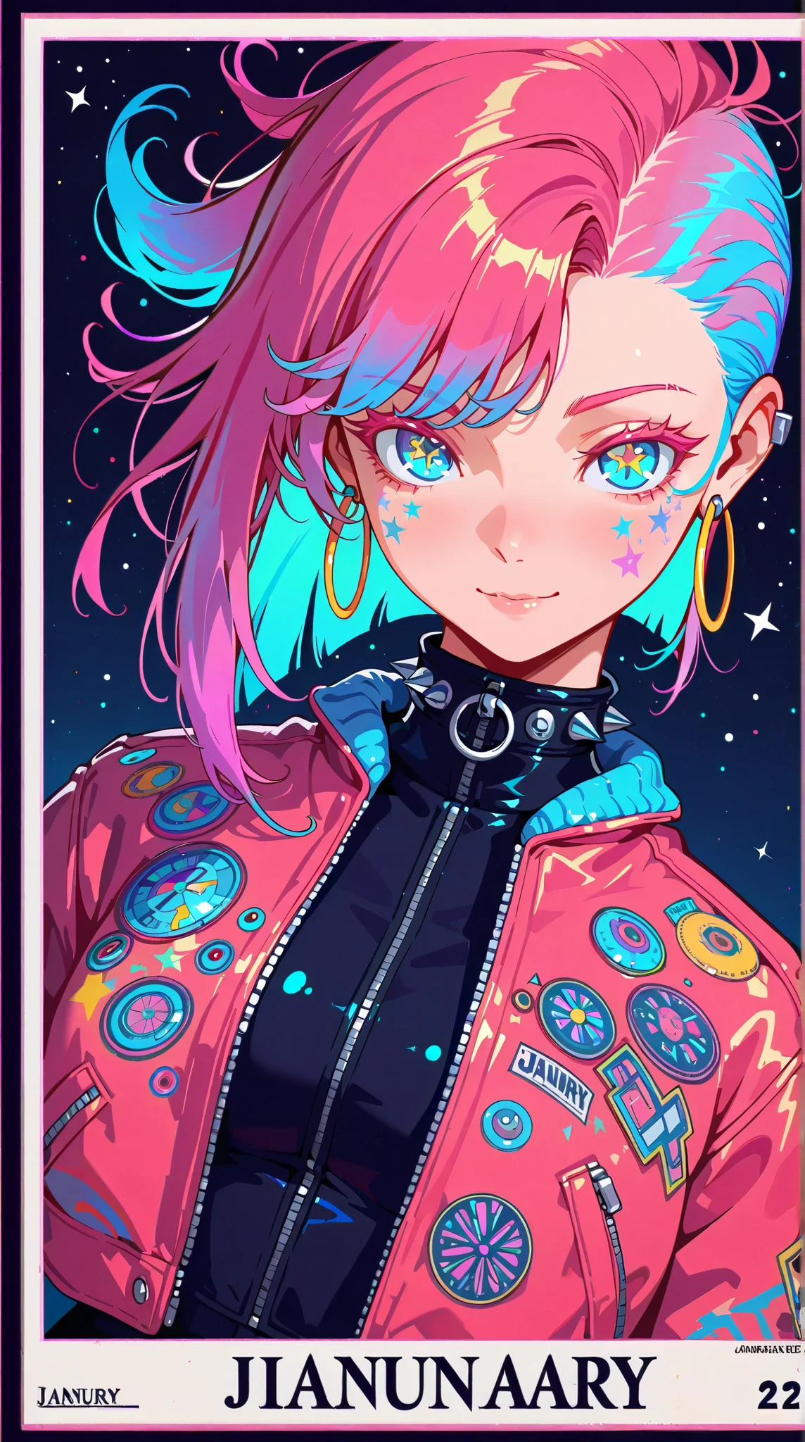 Earrings, Stars, Jacket, January, Japanese Illustration Style, Asymmetrical Hair, Expressive Hair, 1 girl, Cyber Punk, Textured Skin, Colored Inner Hair, Multicolored Hair, Jazzy, Anatomically Correct, Android Girl, High Resolution, Ultra-Wide, Angle, Cut-in, Closed Mouth, Flower-Shaped Pupils, Character Design, Atmosphetic Perspective, Blue eyes, Soft Colors, Solo, Smile, Punk Woman, Slender and flexible body, Solo, Accurate, Action Painting, Cinematic Lighting, Timeless, Naughty, Colored Eyelashes, Hoop Earings, Pop Art, Gradient Eye Color, Mismatched Pupils, Pensive, Masterpiece