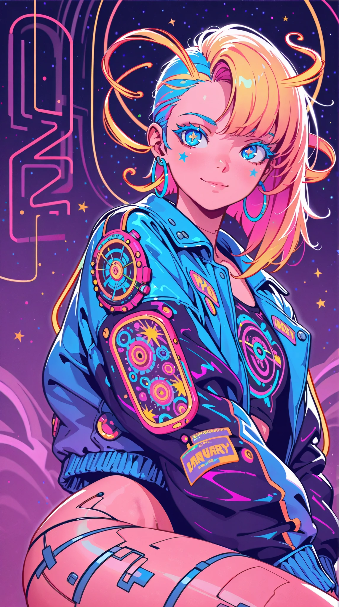 Earrings, Stars, Jacket, January, Japanese Illustration Style, Asymmetrical Hair, Expressive Hair, 1 girl, Cyber Punk, Textured Skin, Colored Inner Hair, Multicolored Hair, Jazzy, Anatomically Correct, Android Girl, High Resolution, Ultra-Wide, Angle, Cut-in, Closed Mouth, Flower-Shaped Pupils, Character Design, Atmosphetic Perspective, Blue eyes, Soft Colors, Solo, Smile, Punk Woman, Slender and flexible body, Solo, Accurate, Action Painting, Cinematic Lighting, Timeless, Naughty, Colored Eyelashes, Hoop Earings, Pop Art, Gradient Eye Color, Mismatched Pupils, Pensive, Masterpiece