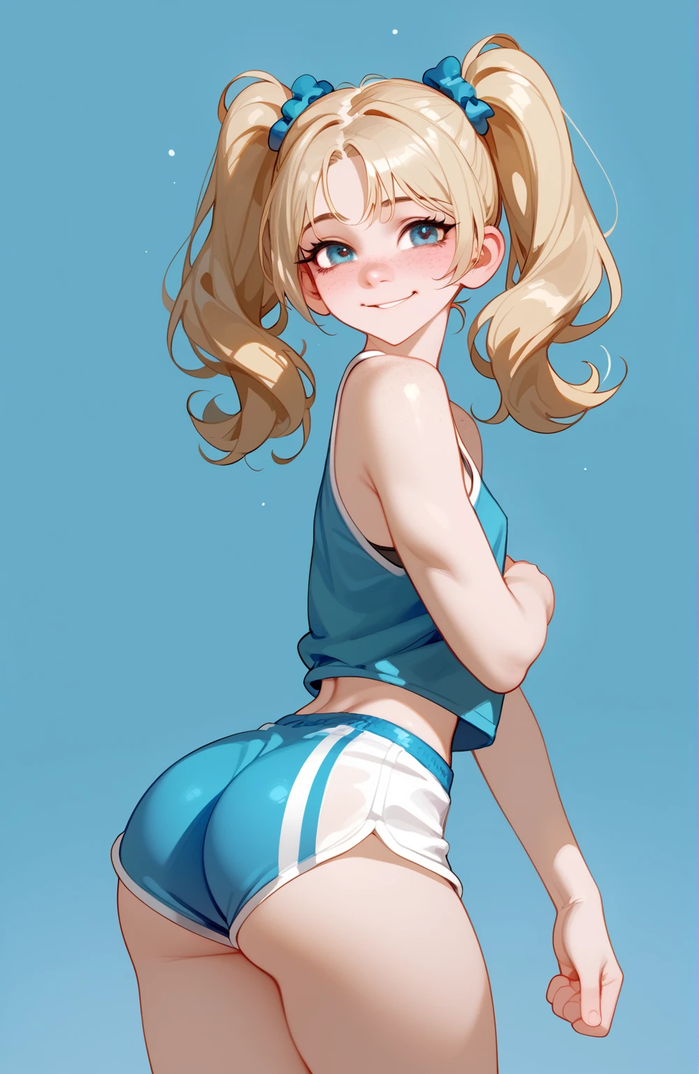 By mantis-x, (Hilloli Clinton), young girl, tight small hotpants, small breasts, playful smile, blonde hair, ((tanned skin)), solo, midriff, tube top, ass shake, lewd dance, unzipped pants, pussy, pussy juice