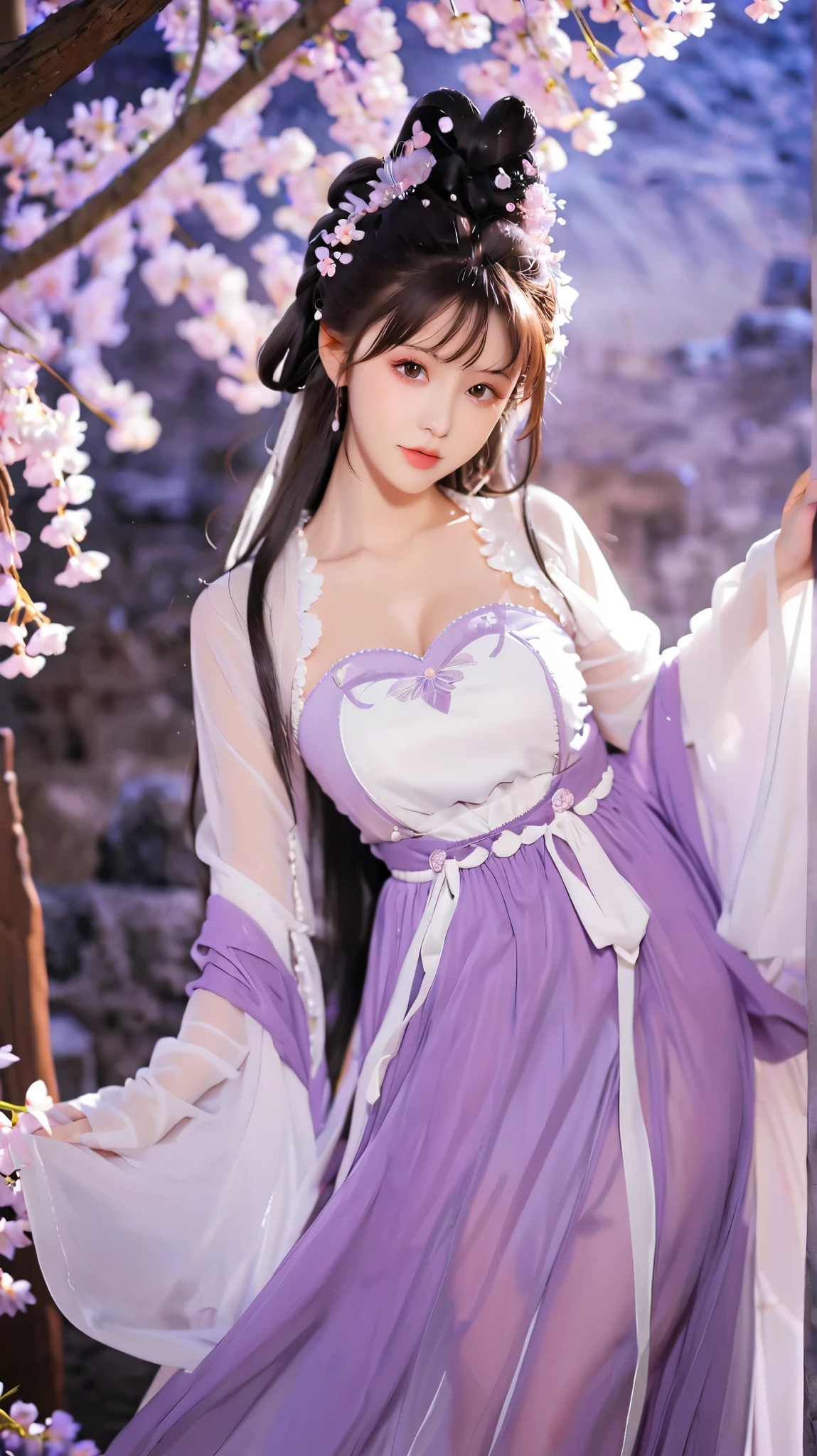 (Long lavender hair, Shining, reflective light,Light wind,Messy), (Purple eyes, vibrant, Glowing), fond violet,Sexy openwork cheongsam,Black tall stockings, Cinematic lighting