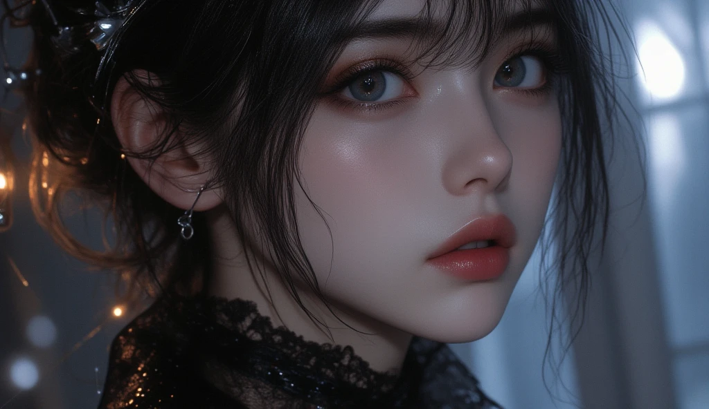 8k, Super high resolution,  top quality , masterpiece,rule of thirds,golden ratio, surreal,   showing off the light on her face , 1 , ( girl :1.3),  cute,  cute顔, 細部まで beautiful eyes, 細かく  Detailsに,masterpiece,一人 girl :1.2, Japanese women, princess,extream close up, is dazzling,Black hair short hair ,ID photo,future,  brutal cyberpunk woman  , luxurious and beautiful ,Stone Room,(( punk fashion and black leotard :1.5)), lace stockings above the knee ,Overly decorative fashion, Luxurious Decor,(BDSM Femdom),( with collar),(Upper class woman:1.5), Expression of Despair , dark atmospheric lighting ,微妙な Details,   Detailsな顔,anger, charming eyes,(ポートレート  showing off the light on her face :1.4),( image as pictured :1.4), fantasy art,( beautiful faces:1.4),美しく charming eyes、 beautiful eyes,Silver Remaining,( thin waist:1.4)、(Unvolume a photo with a perfect physique and beautiful :1.4), pink lips, profile ,((( ideal body shape))),Small bust, A cup :2,、 portrait:2、 Perfect Anatomy、鮮明な  Details、  Details, thin lips,完璧で beautiful faces ,完璧で cute顔,  Detailsな肌,  Perfect Limbs 、 thin waist, surreal,Light and Dark, Fashion Magazine Cover ,  Spotlight