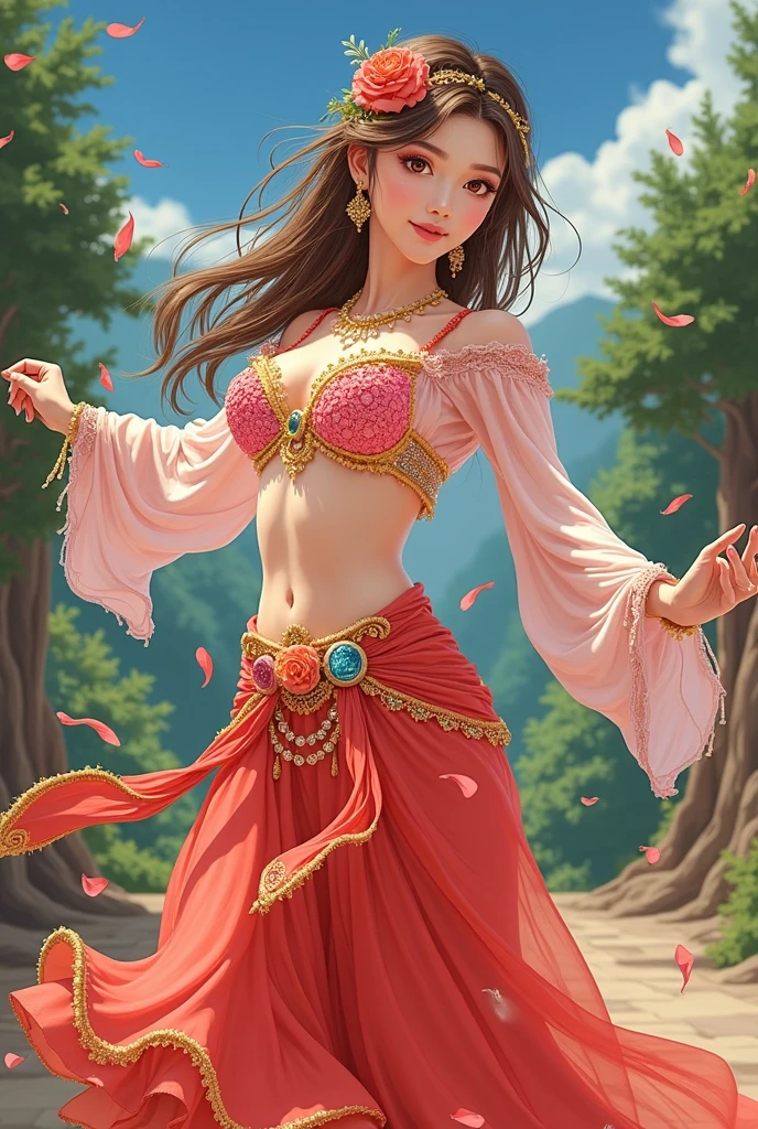 young woman in pink belly dance costume、Beautiful dancer、 manga anime style 、