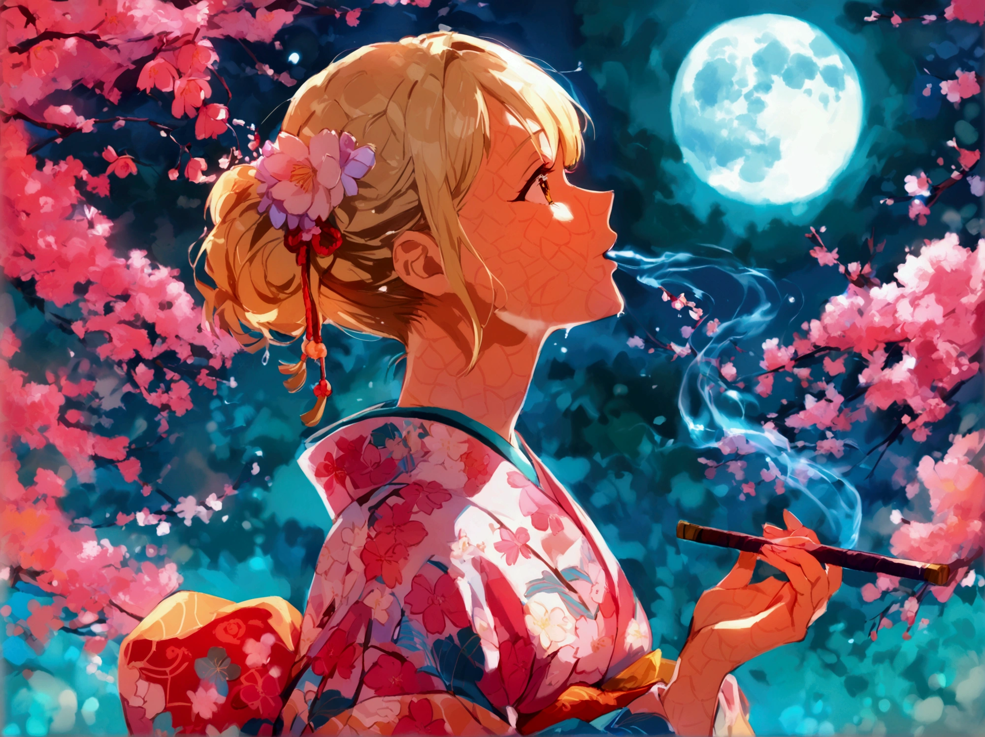 The blond kimono 　 background is under the cherry blossom tree at night 　 smoking 　The moonlight is shining in 　 beautiful like an anime