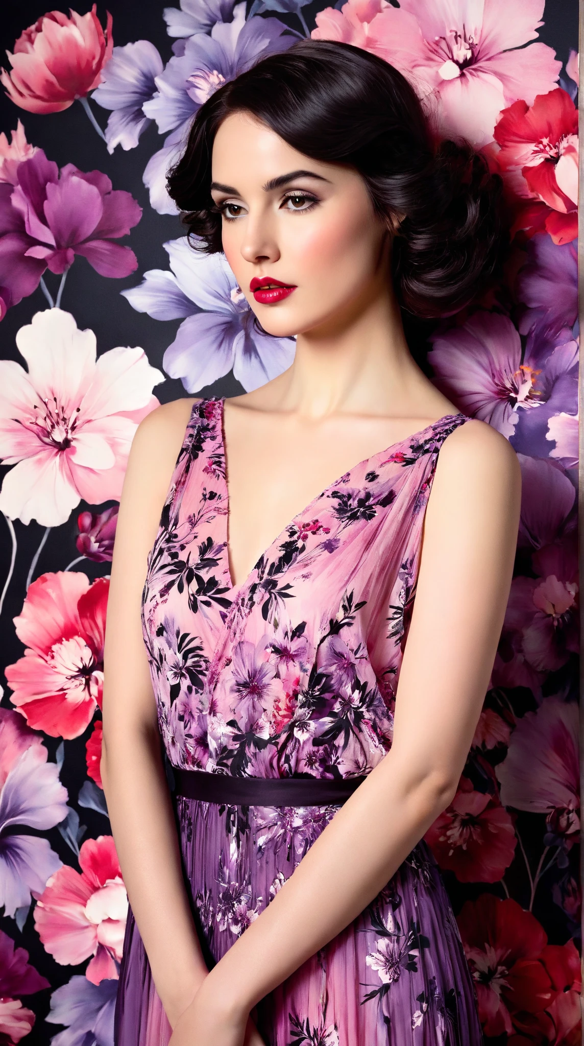 In a whimsical floral backdrop, a graceful European woman from the 1920s stands elegantly. Her delicate features are softly illuminated, framed by gentle waves of dark hair. She wears a flowing pink and purple dress that billows lightly, enhancing her serene presence. Her lips are a striking red, adding a touch of vibrancy to the soft monochrome palette of the scene.

The artwork resembles a black and white ink painting, with fluid brush strokes and delicate line work that evoke a sense of nostalgia. Subtle tones of ink blend seamlessly, while the background bursts with pastel flowers, creating a dreamlike atmosphere. The entire composition radiates tranquility and romance, inviting the viewer into a moment frozen in time.