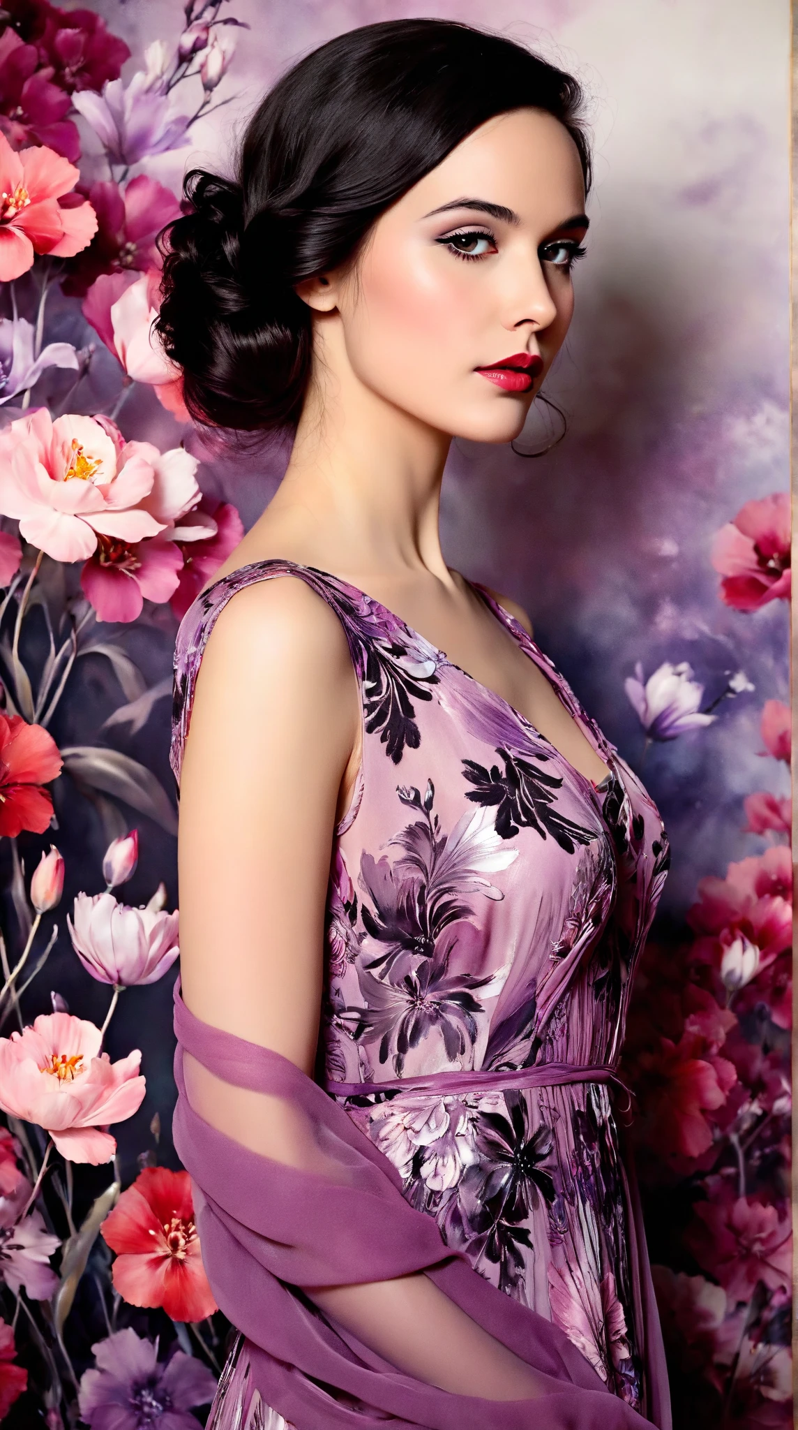 In a whimsical floral backdrop, a graceful European woman from the 1920s stands elegantly. Her delicate features are softly illuminated, framed by gentle waves of dark hair. She wears a flowing pink and purple dress that billows lightly, enhancing her serene presence. Her lips are a striking red, adding a touch of vibrancy to the soft monochrome palette of the scene.

The artwork resembles a black and white ink painting, with fluid brush strokes and delicate line work that evoke a sense of nostalgia. Subtle tones of ink blend seamlessly, while the background bursts with pastel flowers, creating a dreamlike atmosphere. The entire composition radiates tranquility and romance, inviting the viewer into a moment frozen in time.