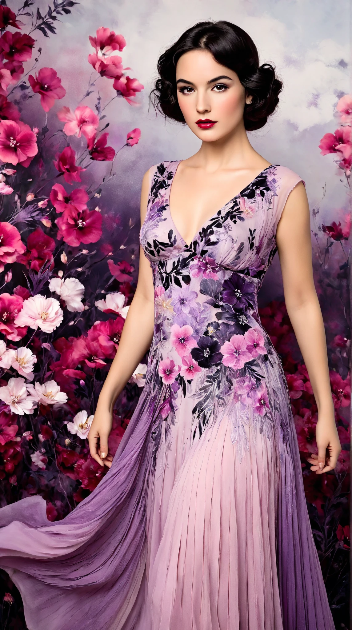 In a whimsical floral backdrop, a graceful European woman from the 1920s stands elegantly. Her delicate features are softly illuminated, framed by gentle waves of dark hair. She wears a flowing pink and purple dress that billows lightly, enhancing her serene presence. Her lips are a striking red, adding a touch of vibrancy to the soft monochrome palette of the scene.

The artwork resembles a black and white ink painting, with fluid brush strokes and delicate line work that evoke a sense of nostalgia. Subtle tones of ink blend seamlessly, while the background bursts with pastel flowers, creating a dreamlike atmosphere. The entire composition radiates tranquility and romance, inviting the viewer into a moment frozen in time.