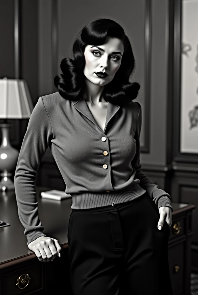 Bettie Page wearing blouse and short skirt with lipstick and smiling
