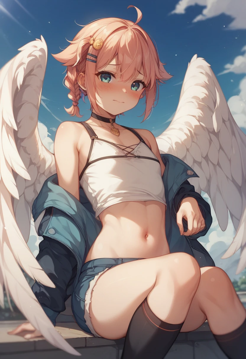 Young boy, preteen boy, slim build, shirtless, no pants, light pink underwear, light pink boxer briefs, light pink briefs, white knee high socks, knee high socks, angel wings, blonde curly hair , blue eyes, flying over city, aiming bow an arrow at the city,