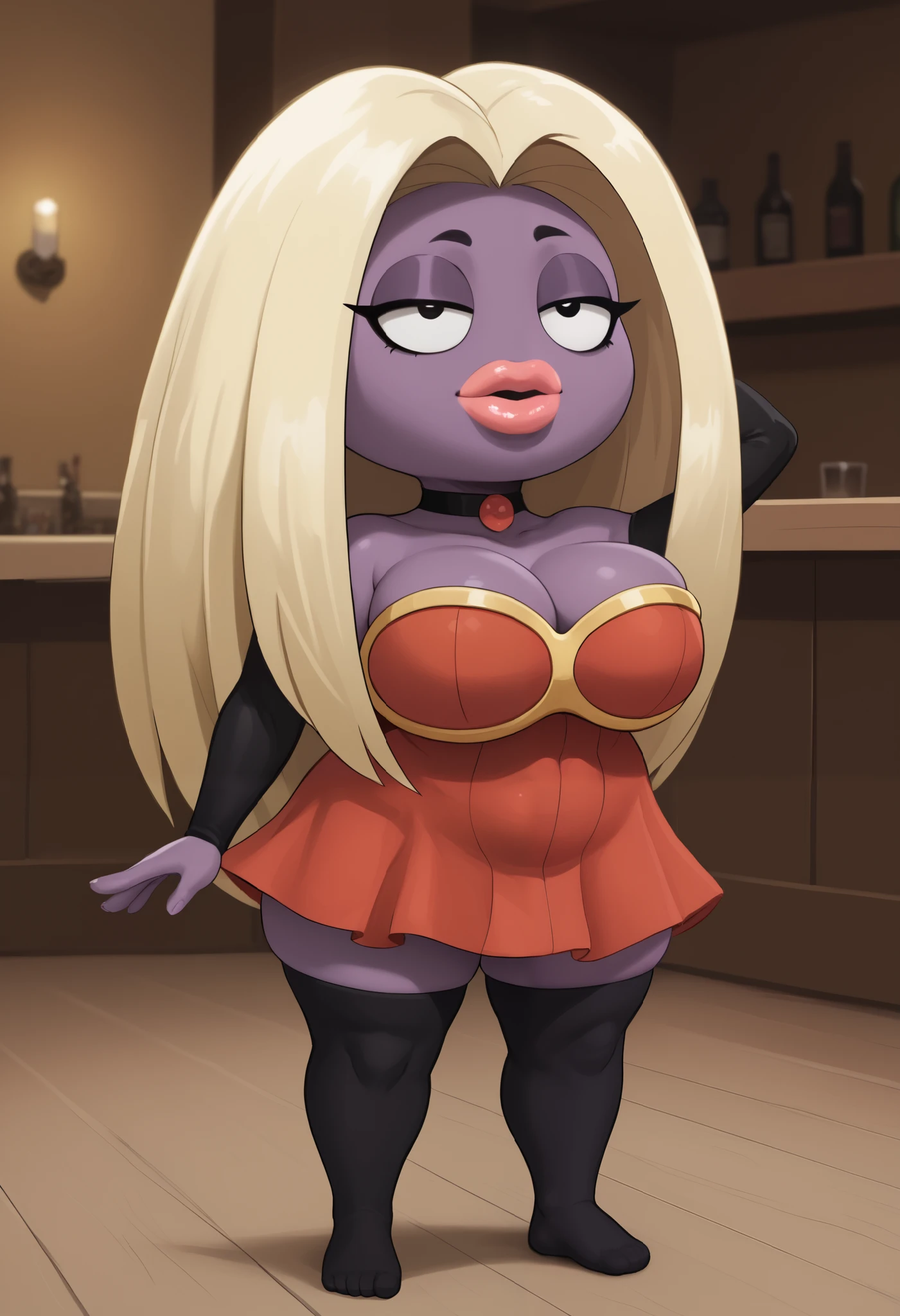 score_9, score_8_up, score_7_up, rating_explicit, 1girl, colored skin, lips, thick lips, pokemon (creature), no humans, long hair, blonde hair, black eyes, (shortstack:1.3), purple skin, puffy shoulders, large breasts, wide hips, bedroom eyes, cleavage,|choker, mini dress, stockings, bar. 