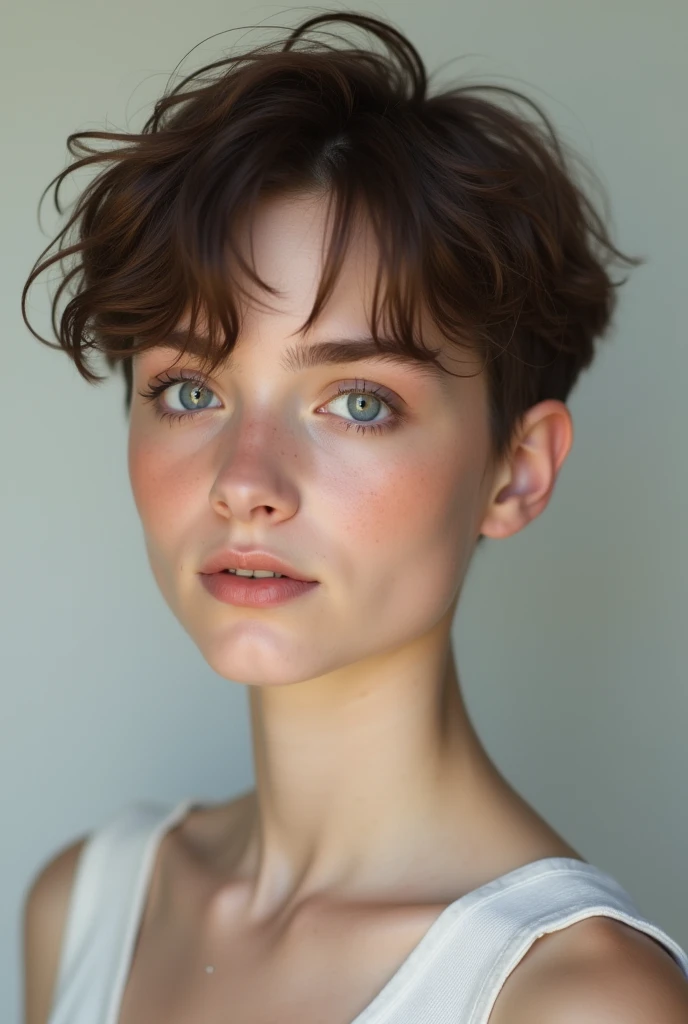 A young beautiful girl, freckled face, short curly red hair, full lips, small neat nose, big eyes, makeup , small breasts