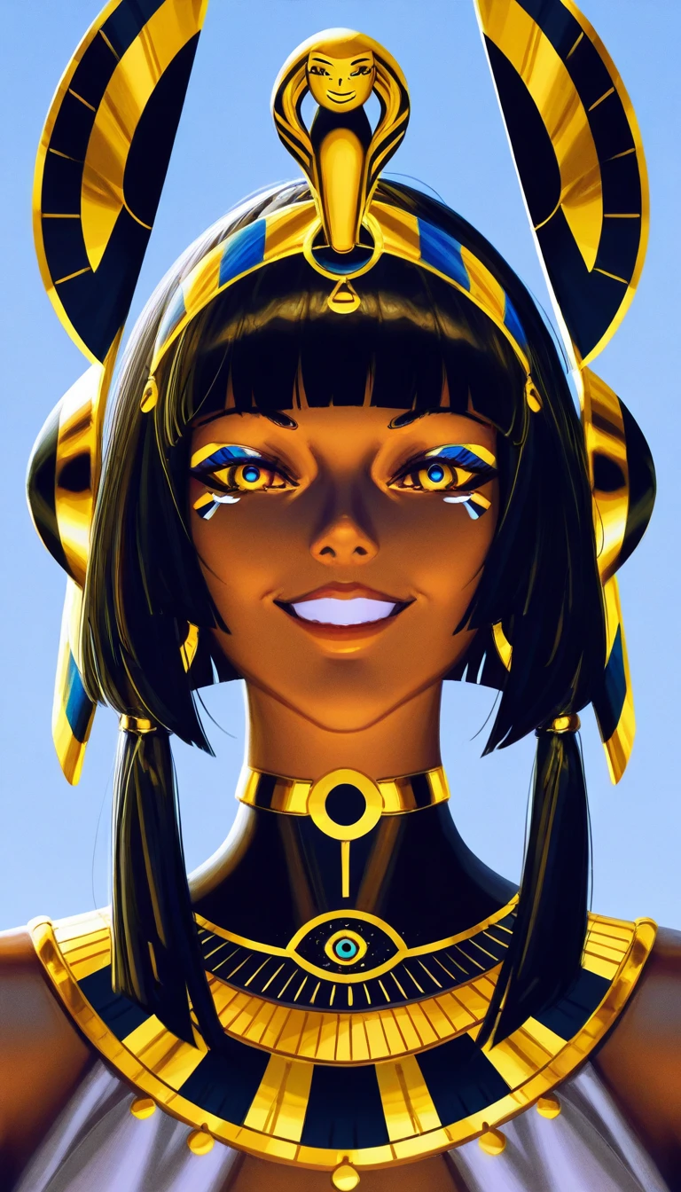 hiperrealism, detailed face,  smiling face, sexy face portrait, a woman , beautiful african beauty woman, beautiful african with Asian origin young sexy girl, mix of egyptian and asian girl, egyptian princess, android girl ,  inspired by Hedi Xandt, beautiful digital artwork, artwork in the style of guweiz, beauty woman. Light blue sky