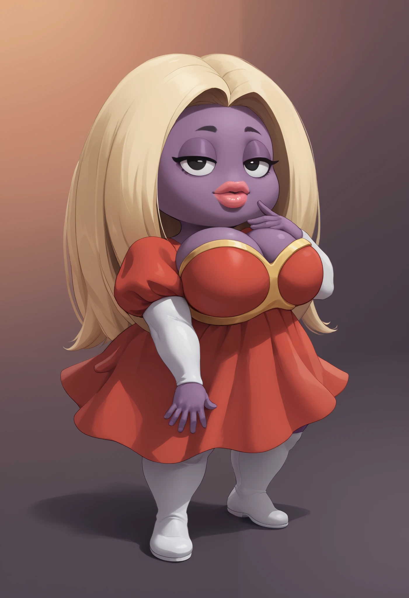 score_9, score_8_up, score_7_up, rating_explicit, gradient background, 1girl, colored skin, lips, thick lips, pokemon (creature), no humans, long hair, blonde hair, black eyes, dress, red dress, (shortstack:1.3), purple skin, puffy shoulders, large breasts, wide hips, bedroom eyes, looking at viewer, cleavage, close-up, head tilt, bust portrait,
