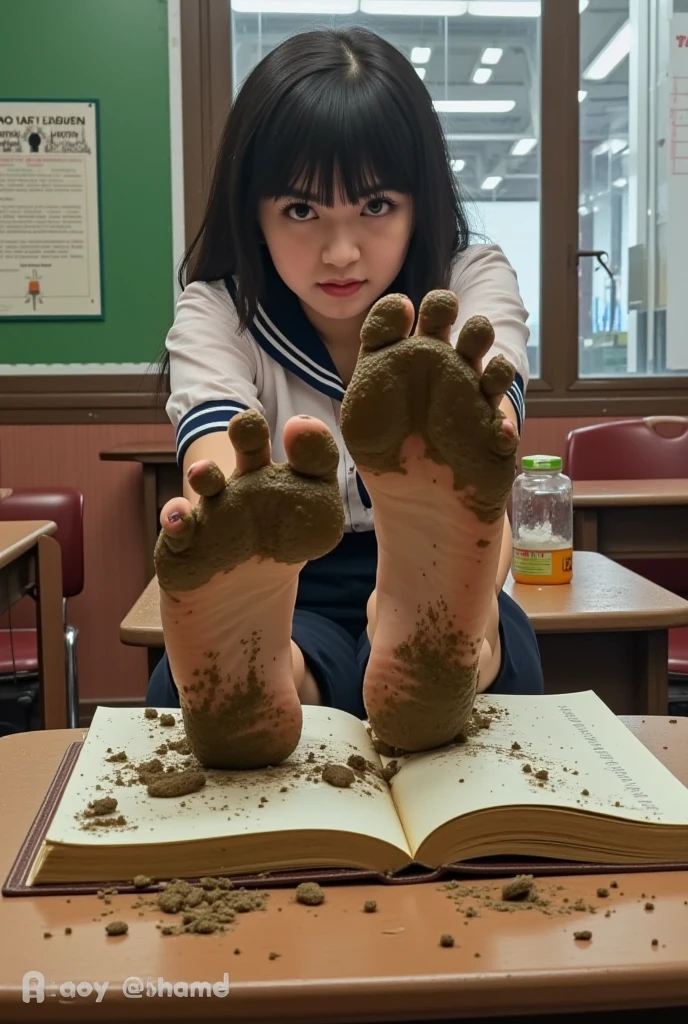  high school girl stomping on open book with muddy foot soles in classroom