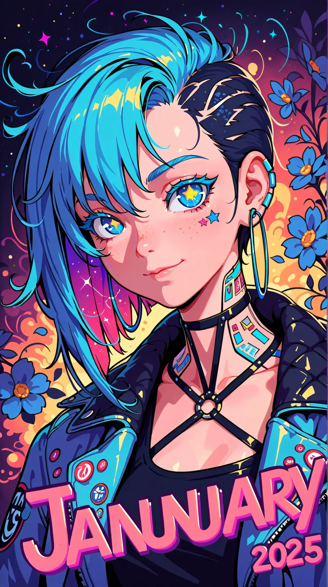 Earrings, Stars, Jacket, January, Japanese Illustration Style, Asymmetrical Hair, Expressive Hair, 1 girl, Cyber Punk, Textured Skin, Colored Inner Hair, Multicolored Hair, Jazzy, Anatomically Correct, Android Girl, High Resolution, Ultra-Wide, Angle, Cut-in, Closed Mouth, Flower-Shaped Pupils, Character Design, Atmosphetic Perspective, Blue eyes, Soft Colors, Solo, Smile, Punk Woman, Slender and flexible body, Solo, Accurate, Action Painting, Cinematic Lighting, Timeless, Naughty, Colored Eyelashes, Hoop Earings, Pop Art, Gradient Eye Color, Mismatched Pupils, Pensive, Masterpiece