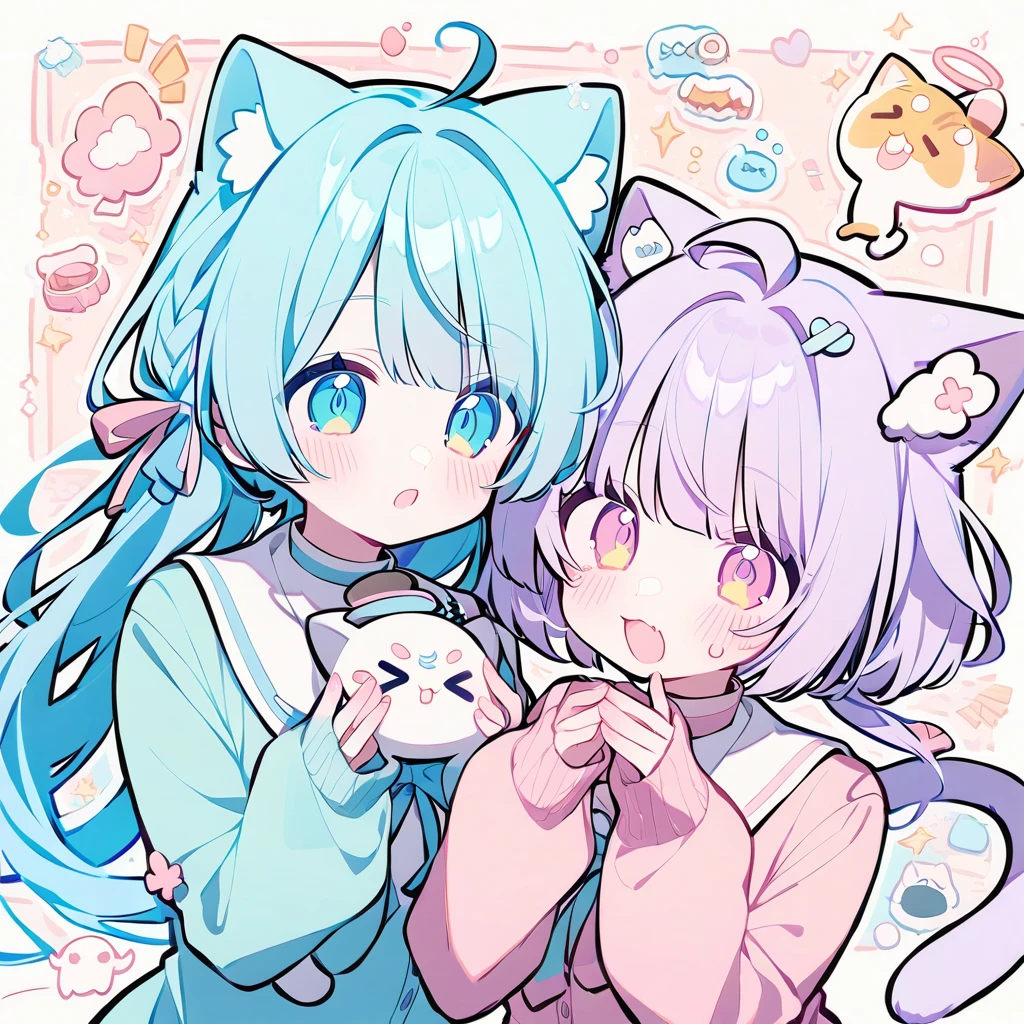 Popular Girls,  2 people，Sisters，Cat ears， pastel color，white，Amemiya Kokoro，^huh <^⊃━♡