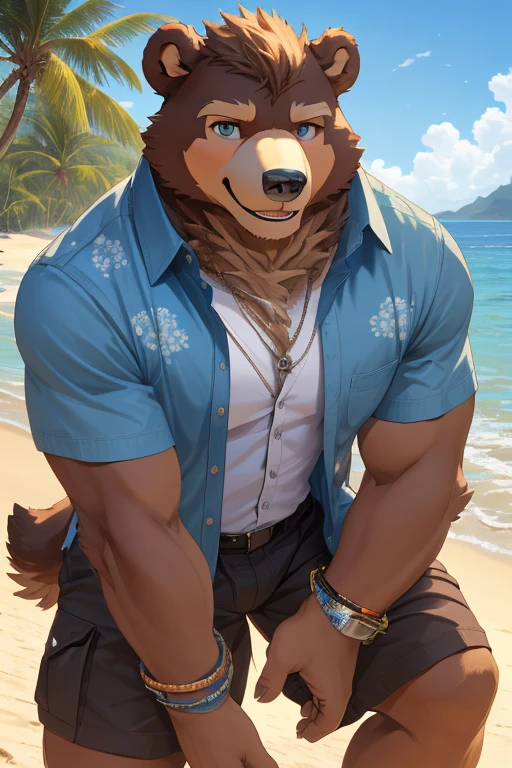 4k, high resolution, best quality, perfect colors, perfect shadows, perfect lighting, posted on e621, furry body, solo, anthro brown bear, (monotone brown fur, brown snout:1.3), male, adult, brutal, masculine, (veiny biceps, broad shoulders, very muscular, buff, manly, heavyweight:1.3), ???? torso, correct ???????, (photorealistic fur, detailed fur, epic, masterpiece:1.2), (detailed southern town background, (ocean drive street, Oceanside, daytime, palms, sunshine), ???? shadows, (by Chunie, by Rukis, by Taran Fiddler, Bonifasko lighting), (blue jeans:1.2), (white polo shirt:1.3), smiling