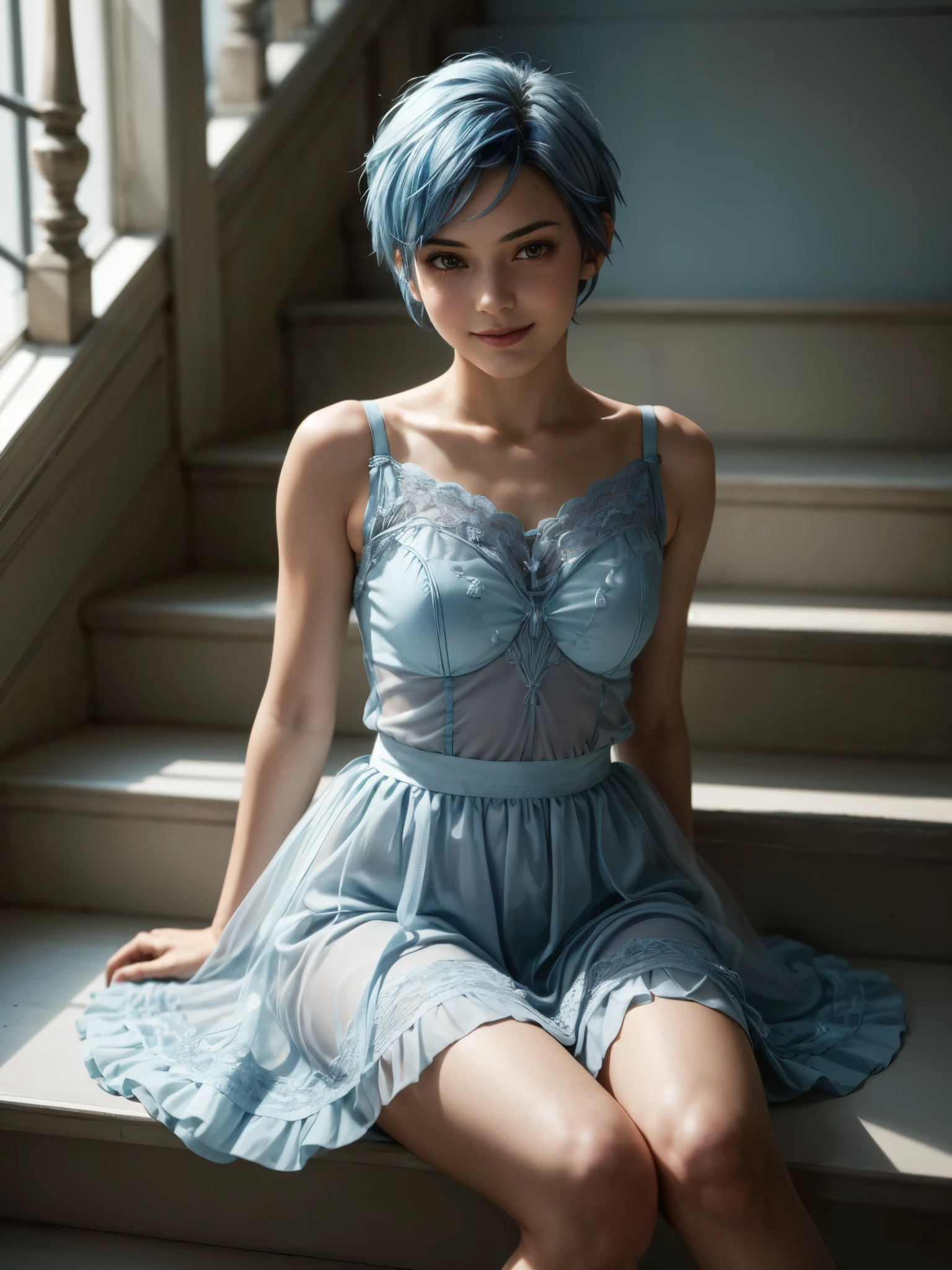 girl, sitting, leaning, (young, early teen, cute:1.8), see-through layered micro dress, short detached sleeves, see-through layered tutu skirt, breasts, shoulder, clavicle, stylish waxed short hair, (light-blue hair:1.4), looking at viewer, smile, closed-mouth, ethereal light, blooming-light effect, dingdall effect, tyndall effect, top quality, masterpiece, pixie cut, uniform, hair ornament, thin light blue lace underwear, simple background, stairs, contrasting light-shadow composition, (close-up shot),