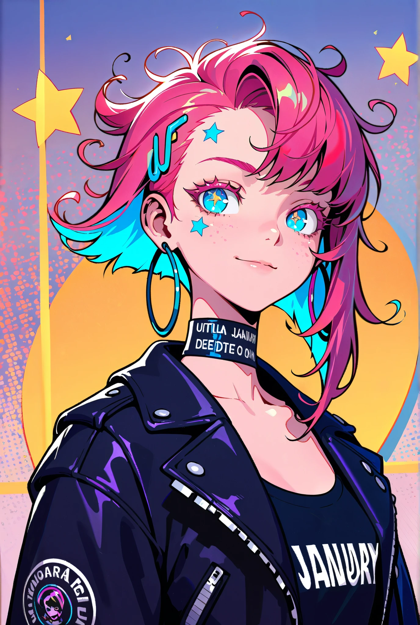 Earrings, Stars, Jacket, January, Japanese Illustration Style, Asymmetrical Hair, Expressive Hair, 1 girl, Cyber Punk, Textured Skin, Colored Inner Hair, Multicolored Hair, Jazzy, Anatomically Correct, Android Girl, High Resolution, Ultra-Wide, Angle, Cut-in, Closed Mouth, Flower-Shaped Pupils, Character Design, Atmosphetic Perspective, Blue eyes, Soft Colors, Solo, Smile, Punk Woman, Slender and flexible body, Solo, Accurate, Action Painting, Cinematic Lighting, Timeless, Naughty, Colored Eyelashes, Hoop Earings, Pop Art, Gradient Eye Color, Mismatched Pupils, Pensive, Masterpiece