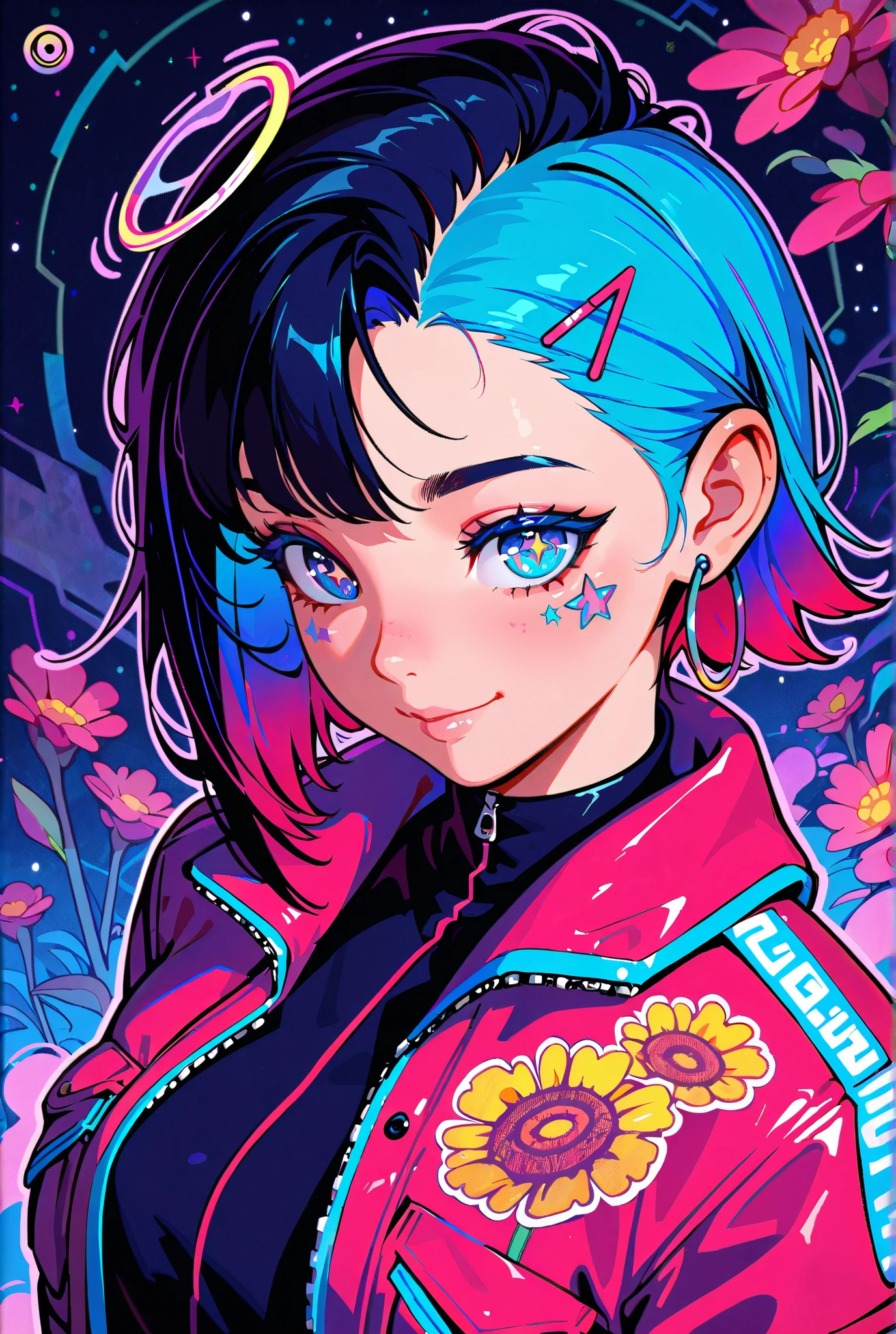 Earrings, Stars, Jacket, January, Japanese Illustration Style, Asymmetrical Hair, Expressive Hair, 1 girl, Cyber Punk, Textured Skin, Colored Inner Hair, Multicolored Hair, Jazzy, Anatomically Correct, Android Girl, High Resolution, Ultra-Wide, Angle, Cut-in, Closed Mouth, Flower-Shaped Pupils, Character Design, Atmosphetic Perspective, Blue eyes, Soft Colors, Solo, Smile, Punk Woman, Slender and flexible body, Solo, Accurate, Action Painting, Cinematic Lighting, Timeless, Naughty, Colored Eyelashes, Hoop Earings, Pop Art, Gradient Eye Color, Mismatched Pupils, Pensive, Masterpiece