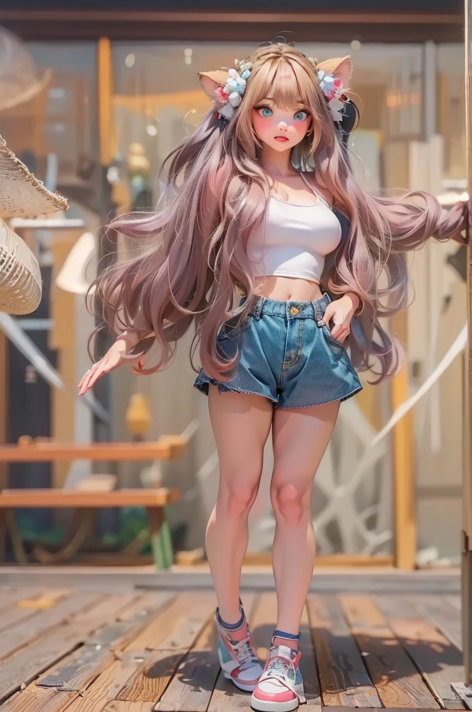 Super high res, ( top quality ,4K, Perfect Sharpness , Ultra-Fine, high res,masterpiece:1.2), Perfect Anatomy:1.5, Story Telling Illustration 、Body Positivity、 physical expression 、( Energetic Pose)、 perfect beauty, (Very strong winds)、 deep expression 、 dynamic composition、 Golden Ratio Composition、colorful、bangs、 short bob hair 、（Soft, flowing hair）、（(Nostalgic atmosphere )）、（(Playful and easygoing)）、（Diverse characters）、（( Graceful Posture)）、（Convivial atmosphere）、 shorts、A faint smile、 ((Emotional))、( braid hair)、Natural reaction、Summer clothing、 shows her thighs 、