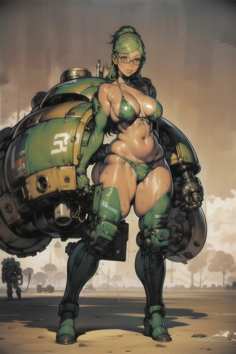  beautiful woman in a slingshot bikini with camo patterns, Camouflage Patternのメカニカルビキニ,  torn military uniform,  Mechanical Soldier Girl ,  large mechanical exoskeleton, camouflage pattern on the arms of large robotic gloves and legs of robotic boots, Shiro Masamune , Camouflage Patternのメカ装甲の女の子, Mechanized valkyrie girl,  kashart kentz ,  Cool Mecha Style , ビキニアーマーにCamouflage Pattern, ry Girl, Skin only,  Athletic and Toned Body, Sweaty skin,  wear almost no clothes, Camouflage Pattern,  beautiful Face, Dieselpunk Theme,  FIVERR DND CHARACTERS , Octane Render,   digital art ,  Extremely Detailed, 4K, , Polished,  beautiful,  hyper-detail,  complicated, Exquisite , Close up portrait of ,  Photorealistic,  Sharp Focus, Wow,  character design,  Unreal Engine ,  3d rendering ,   volumetric lighting ,  reflections ,  shiny, Combat Stance,   full body shot , anatomically correct, glasses