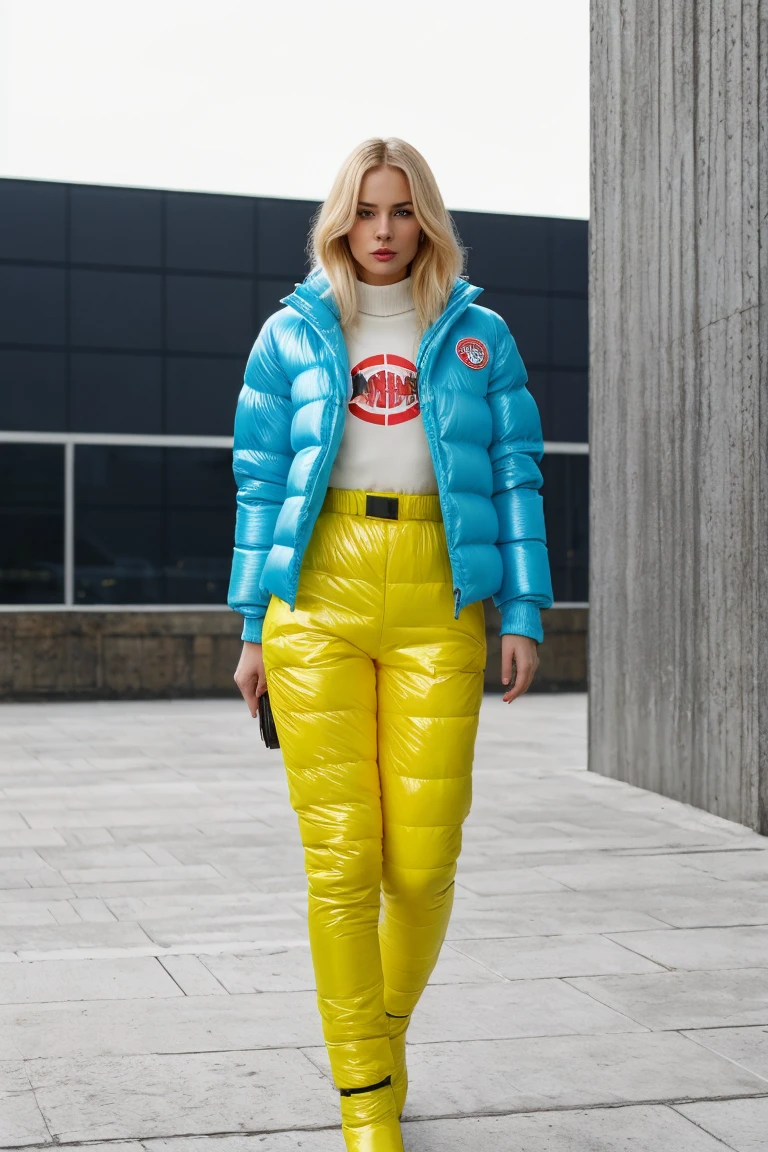 A stunning portrait of a young, slim, European woman with blonde hair, radiating elegance and beauty. She is dressed in a fashionable, colorful, shiny and glossy puffer down outfit. ((High Yoked)). The lighting is soft, highlighting her features and emphasizing the glossy texture of her clothes. Cinematic lighting, very cold, high resolution, winter fashion, realistic shading, digital painting, artstation, ((tempting)). clothes by moncler, (by pyrenex, by parkasite, by superdry).