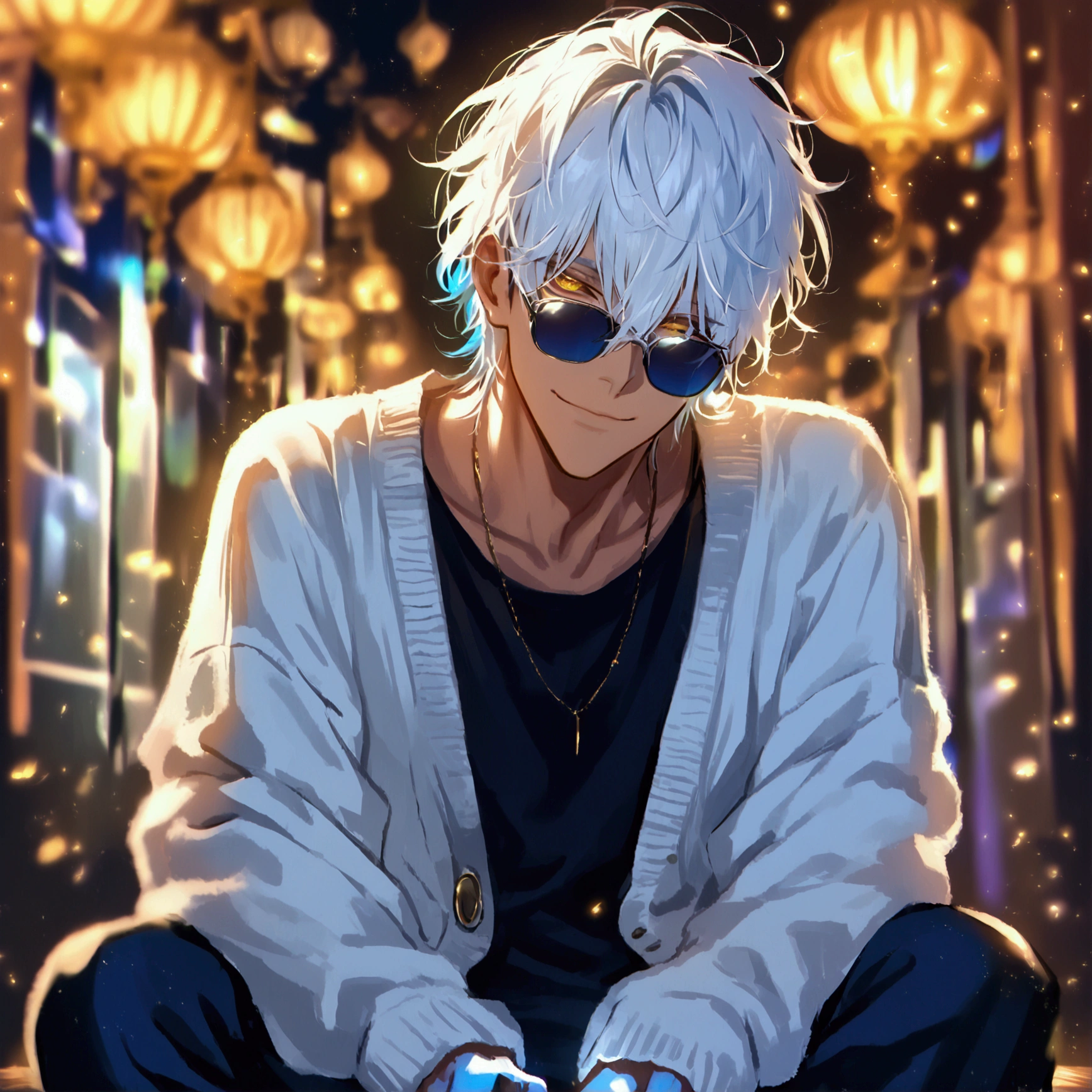 (solo), (1 male), handsome men, (one man with white hair with Blue inner hair color, yellow eyes), Bob hair, messy hair, sunglasses,((masterpiece)), (dark background: 1.3), (stylish), White cardigan ,dynamic angle, (detailed face, detailed eyes, proportional hands, proportional anatomy), sitting in a relaxed pose, sinister atmosphere, a nihilistic smile